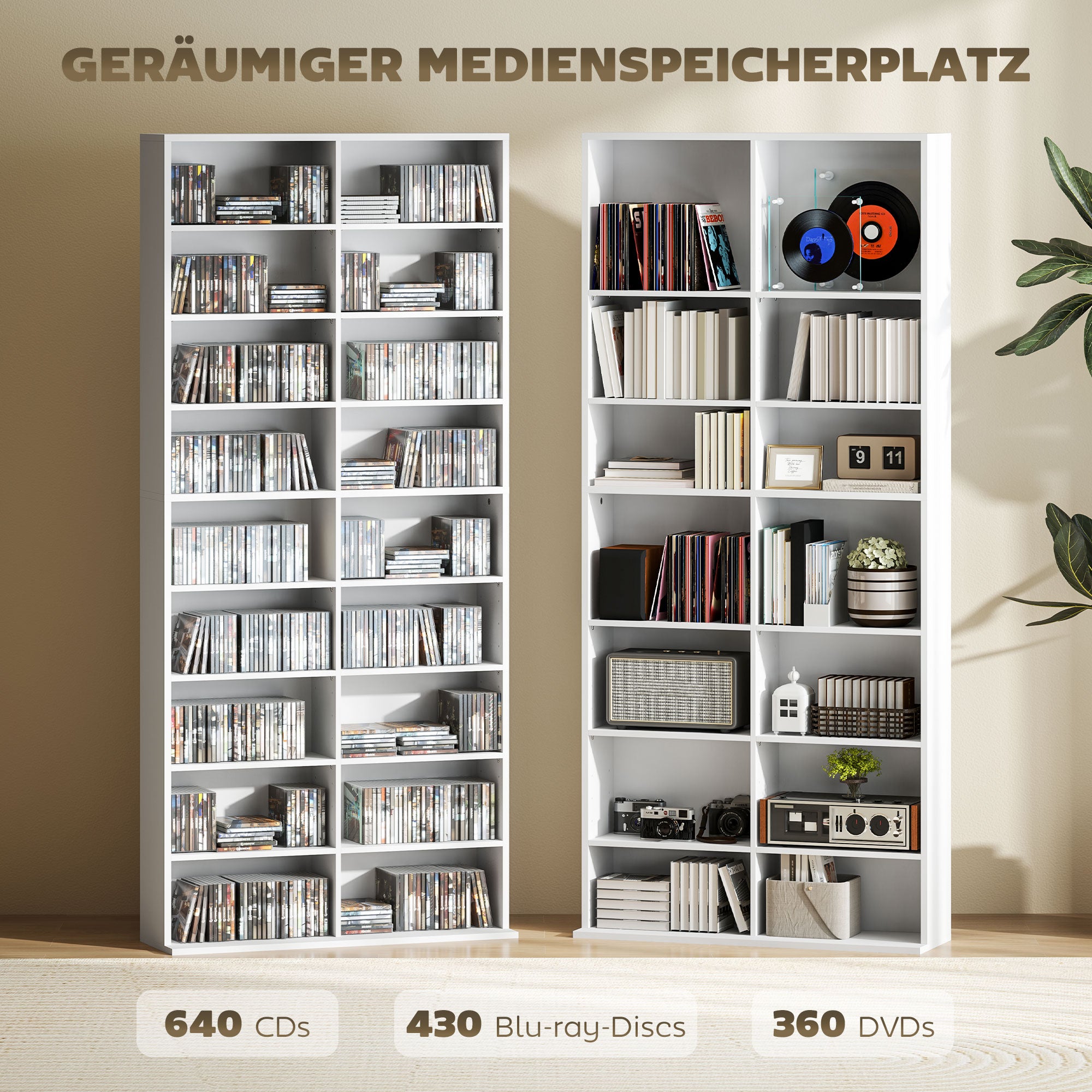 HOMCOM DVD-Rek, CD-Opslagrek, 14 Aanpasbare Planken, 18 Vakken, 175 cm, Blu-ray-Rek, Spaanplaat, Wit