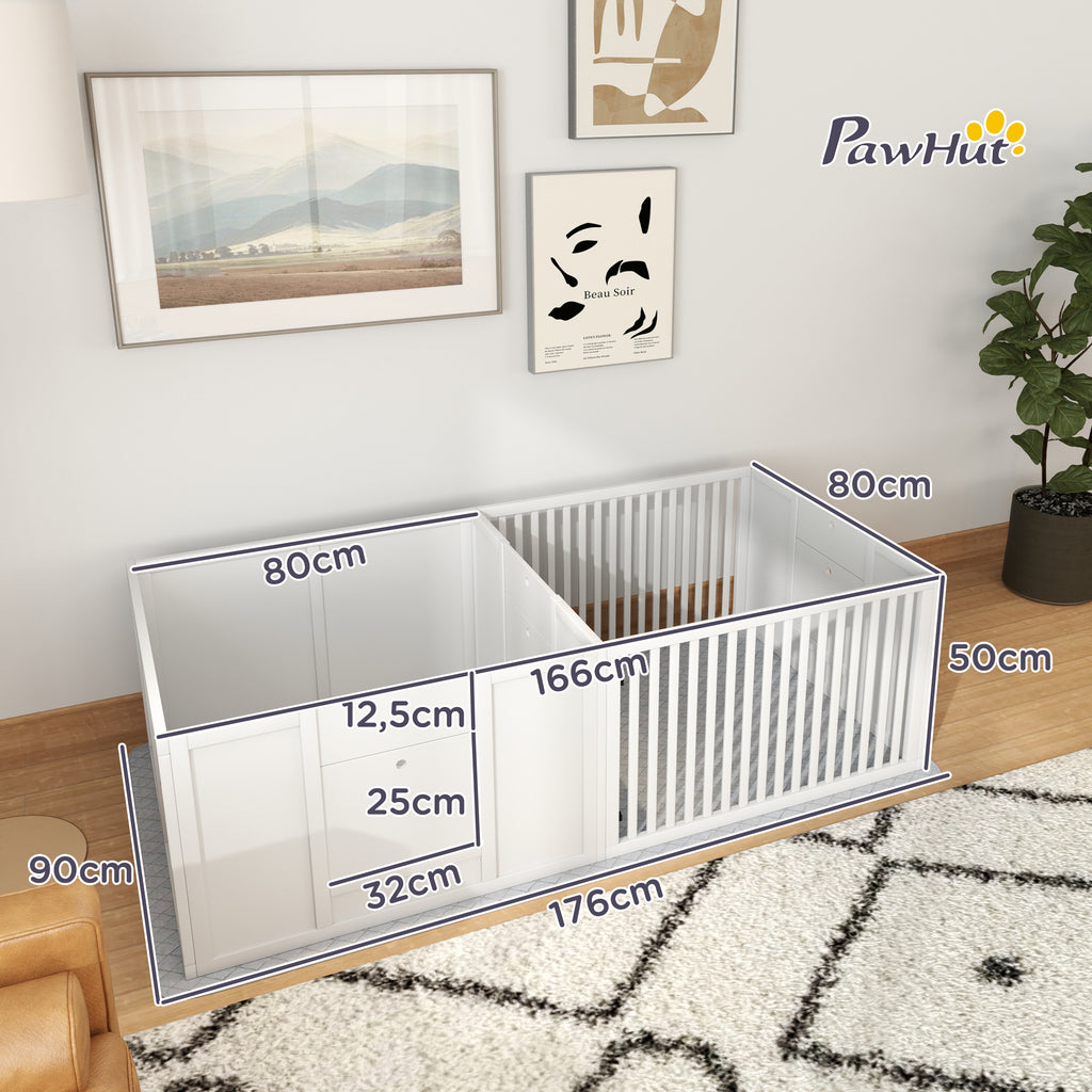 PawHut Werpbox voor Puppy's, met Ondermat, eenvoudig te reinigen, Hout, 166x80x50 cm, Wit