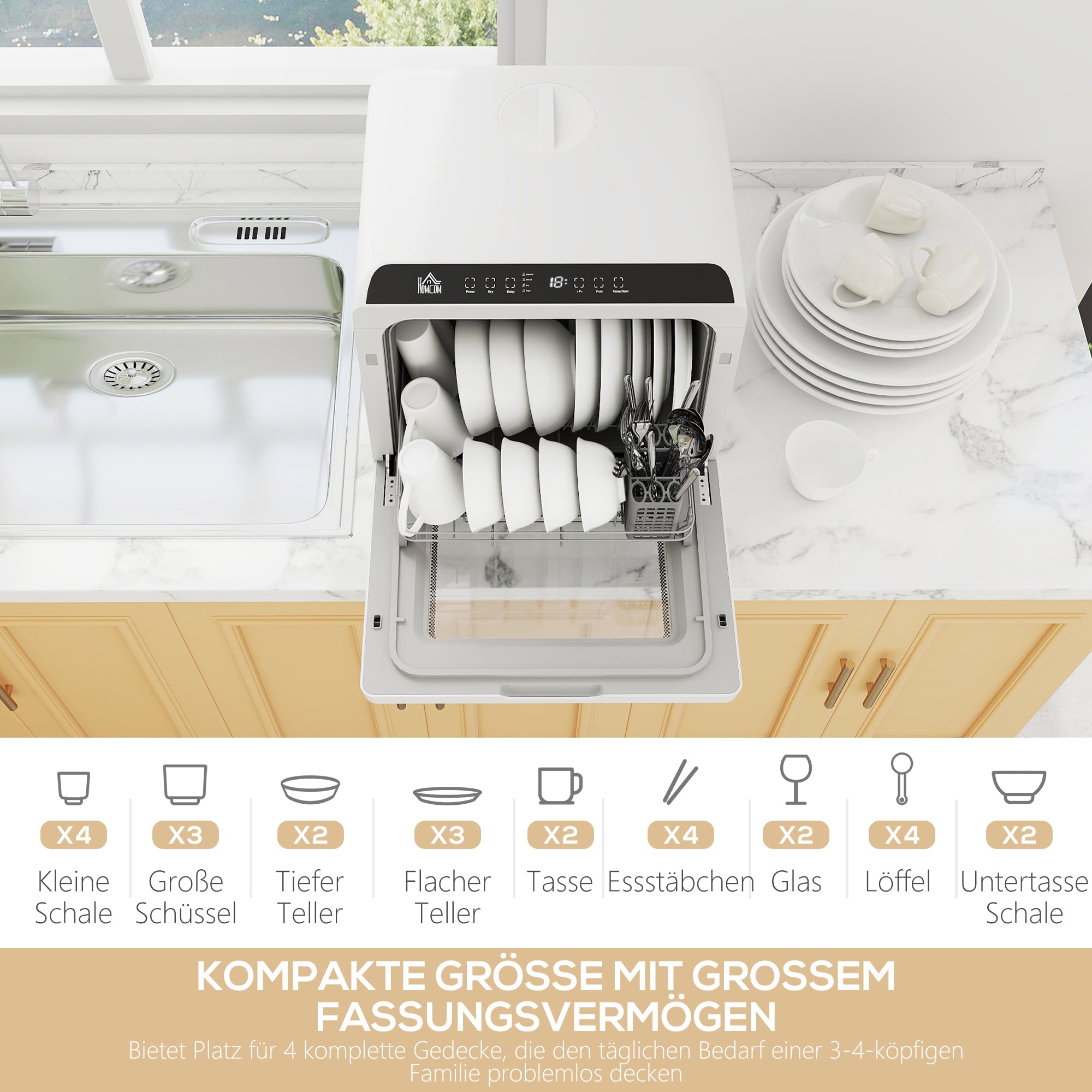 HOMCOM Tafelvaatwasser, Mini-Vaatwasser met 6-Liter-tank, 5 Programma's, LED-display, Droogfunctie, Wit