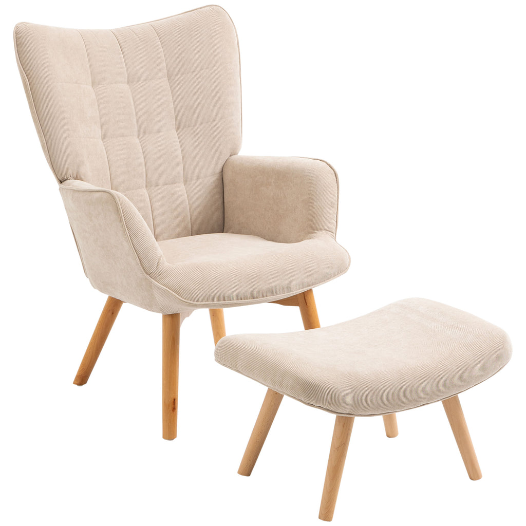 HOMCOM Fauteuil met Scandinavisch accent, voetenbank, fauteuilset, beukenhout, corduroy-look, beige