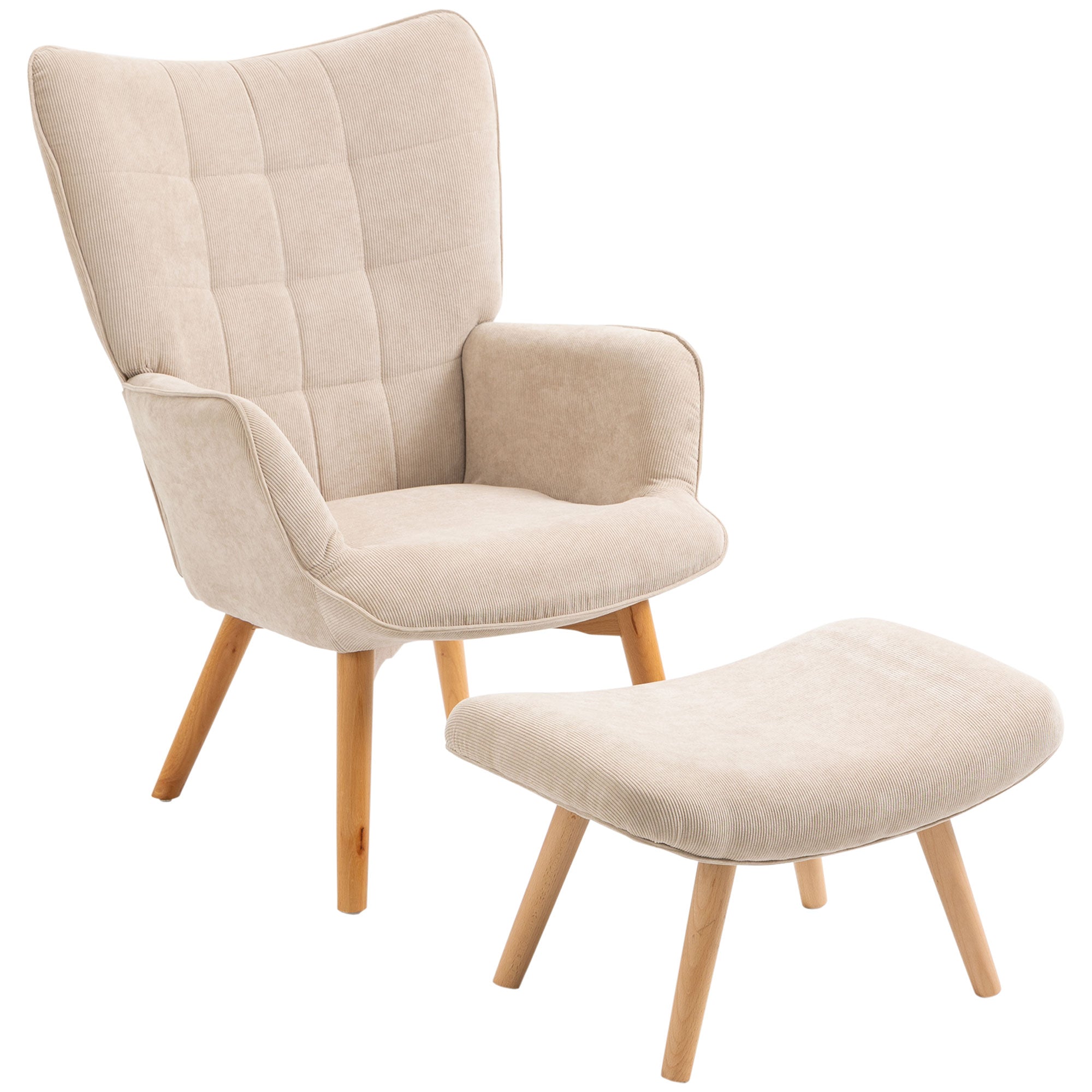 HOMCOM Fauteuil met Scandinavisch accent, voetenbank, fauteuilset, beukenhout, corduroy-look, beige