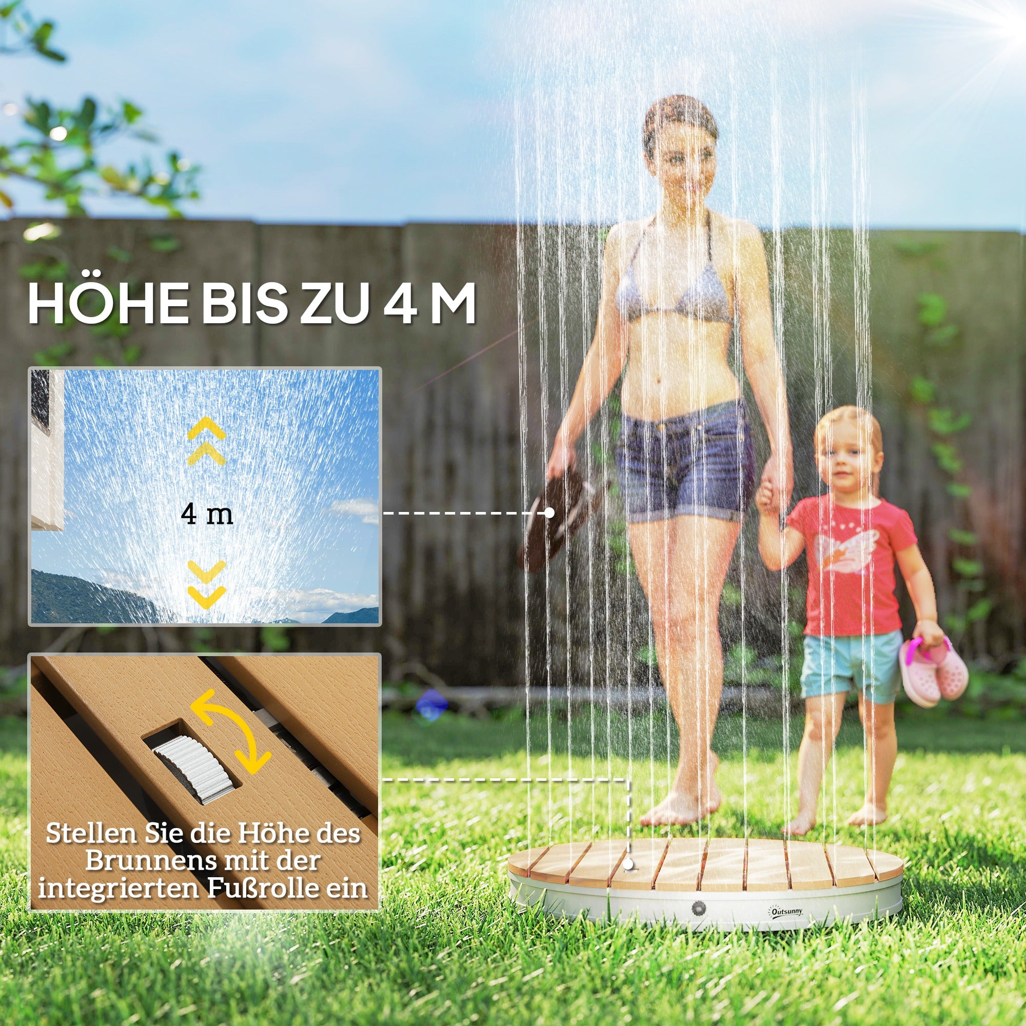 Outsunny Draagbare Buitendouche Set met Aanpasbare Fontein, Aluminium Basis, UV- en Vorstbestendig, Natuurhoutlook