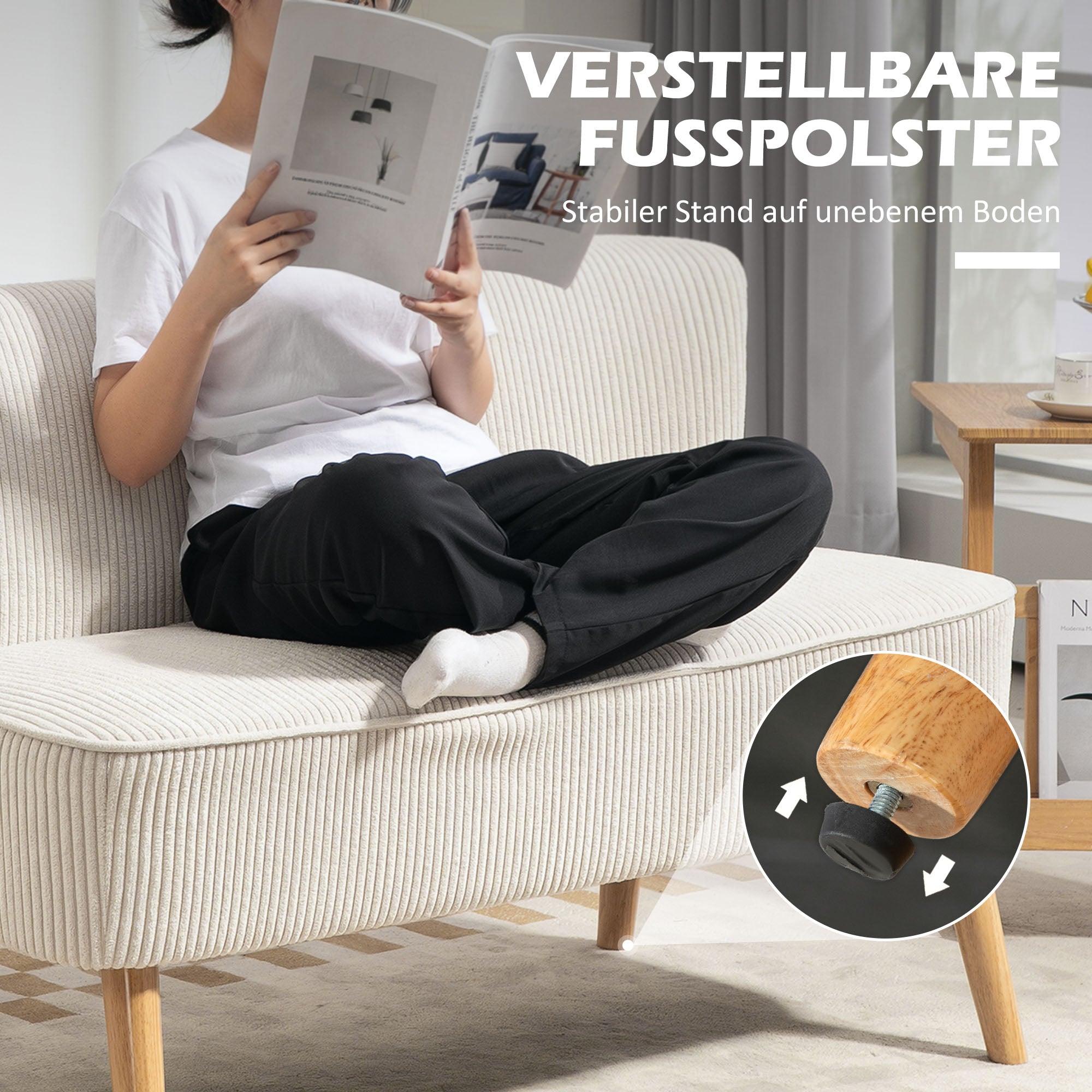HOMCOM Tweezitsbank, Zachte Bekleding, Onderhoudsvriendelijk, Tot 150 kg Belastbaar, 117 x 56,5 x 77 cm, Crème Wit