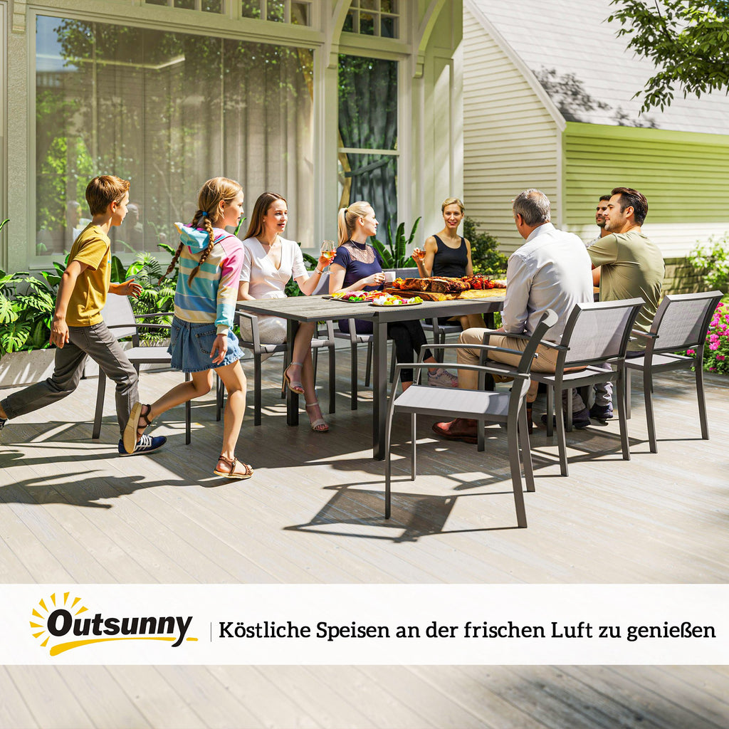 Outsunny Uitschuifbare Eettafel voor 6-8 Personen, Verstelbare Outdoor Tafel van Aluminium, Staal, Kunststof met Houteffect, Grijs