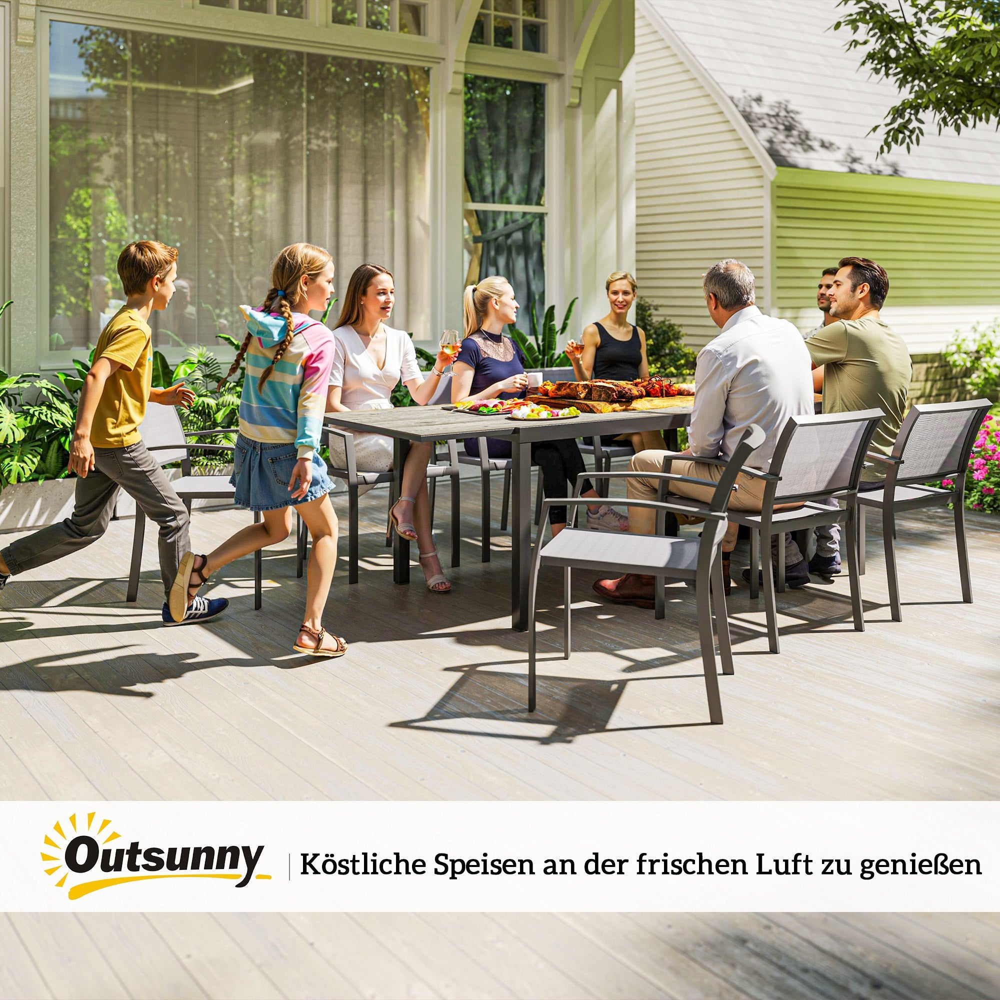 Outsunny Uitschuifbare Eettafel voor 6-8 Personen, Verstelbare Outdoor Tafel van Aluminium, Staal, Kunststof met Houteffect, Grijs