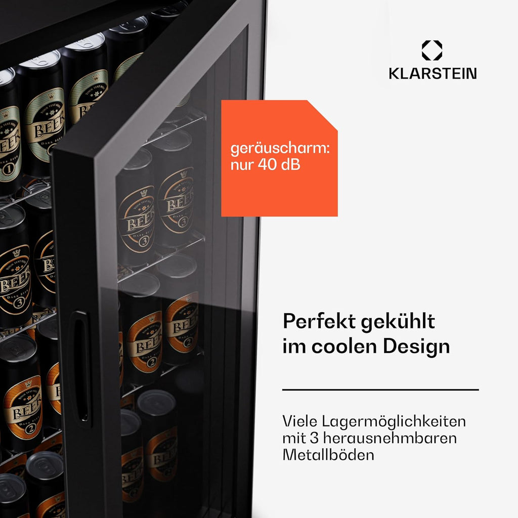 Klarstein Mini Koelkast met Glazen Deur voor Kamer, Drankenkoelkast met Verstelbare Planken, Klein 80 Liter, Indoor/Outdoor Koelkast Stil