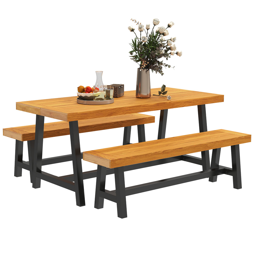 Outsunny Tuinmeubelset 3-delig Hout Eetgroep voor 4 Personen Eettafel met 2 Banken Teak