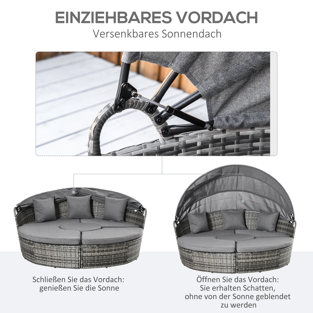 Outsunny rotan zonne-eiland met zonnekap bijzettafel in hoogte verstelbaar grijs