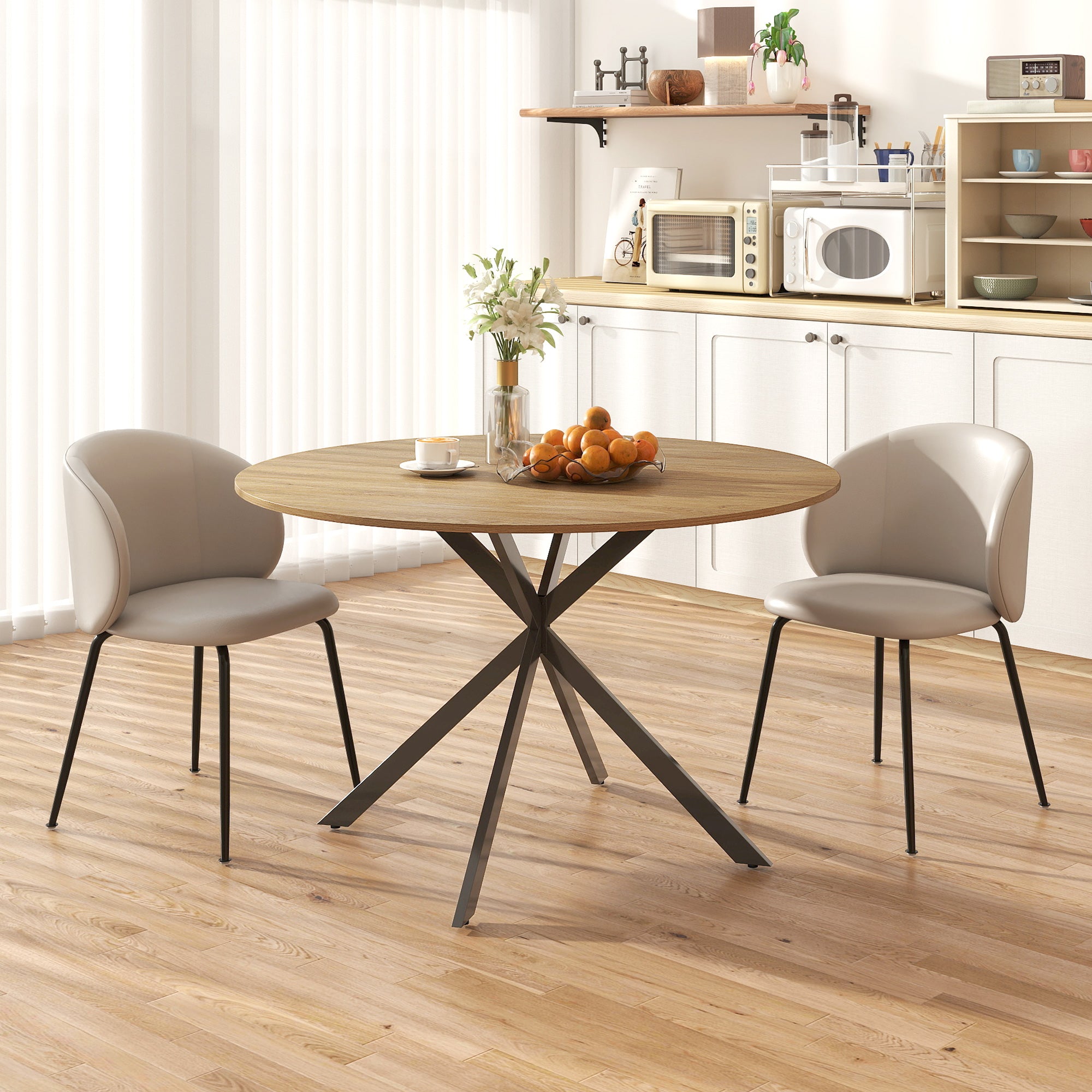 HOMCOM Ronde Eettafel voor 4 Personen, Keukentafel in Industriële Stijl met Stalen Poten, voor Eetkamer, Keuken, Eiken
