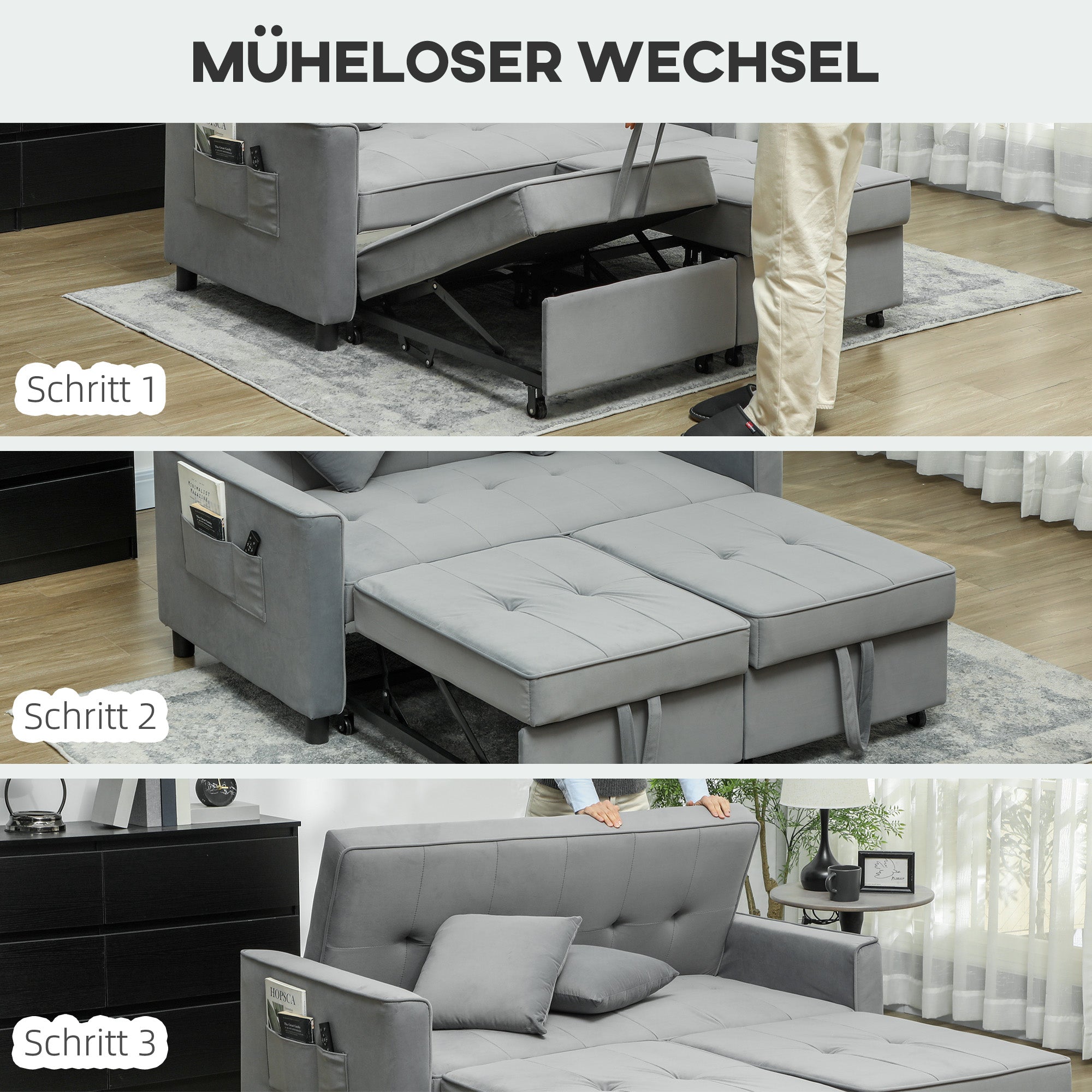 HOMCOM 4-in-1 Sofa, Verstelbare Bank, Bedbank, met Kussens, Stoffen Bekleding, voor Woonkamer, Slaapkamer, Grijs