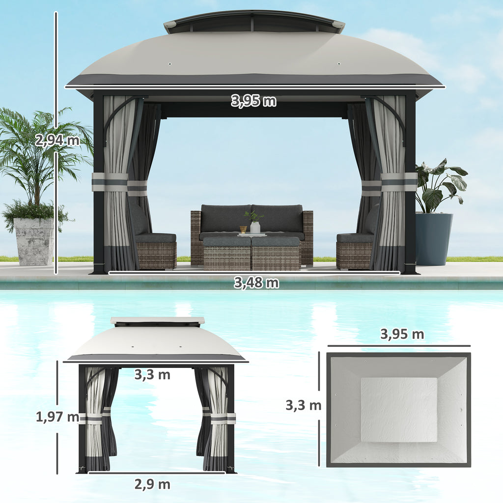 Outsunny Tuinpaviljoen, 3,3 x 4 m Partytent met Netgordijnen, Dubbeldeks Dak, Kunstleder Coating, Metalen Frame, Lichtgrijs
