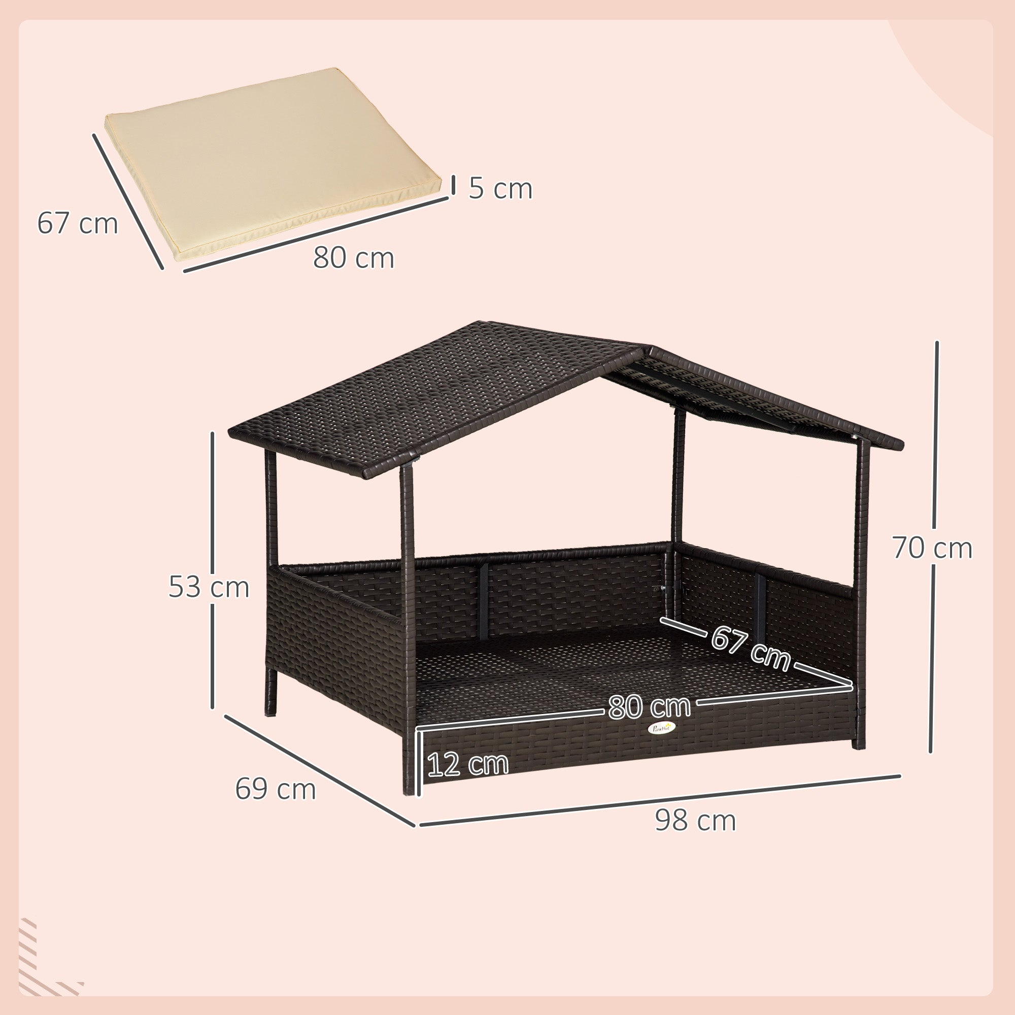Pawhut Rotan hondenhok hondenbed met kussen in de vorm van een huis hondenhok voor buiten stalen frame PP