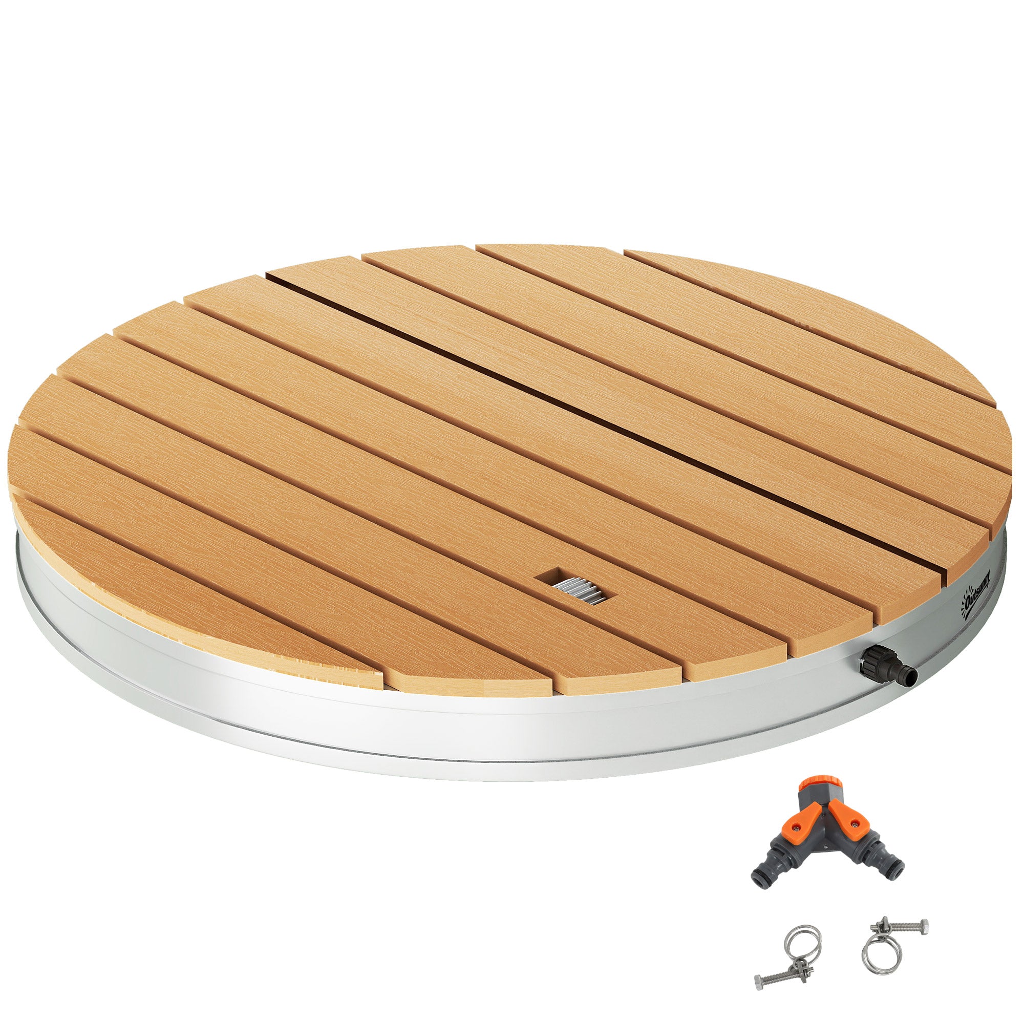 Outsunny Draagbare Buitendouche Set met Aanpasbare Fontein, Aluminium Basis, UV- en Vorstbestendig, Natuurhoutlook