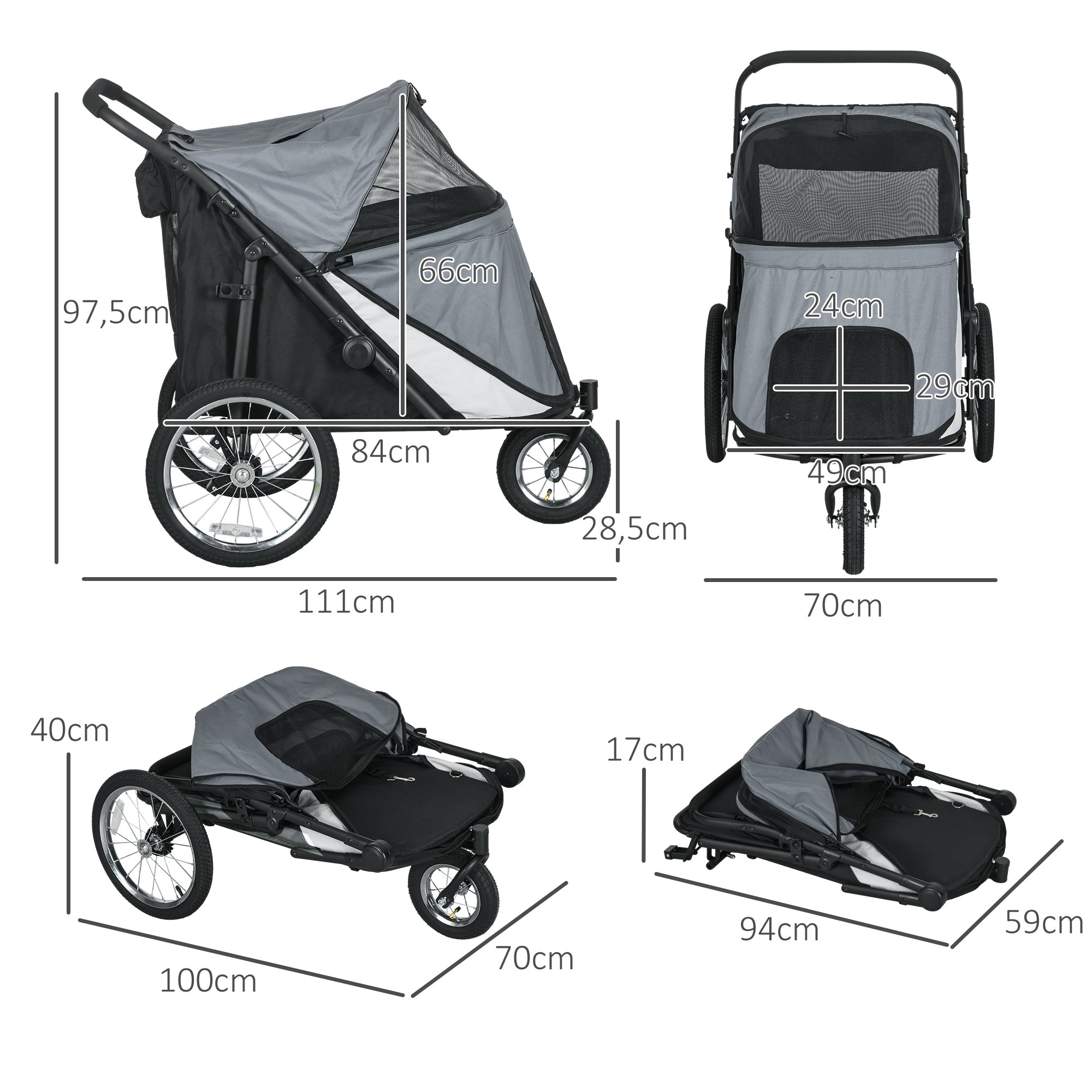 PawHut Hondenbuggy, opvouwbaar, opklapbaar, Ligkussen, Stalen frame, Grijs/Zwart