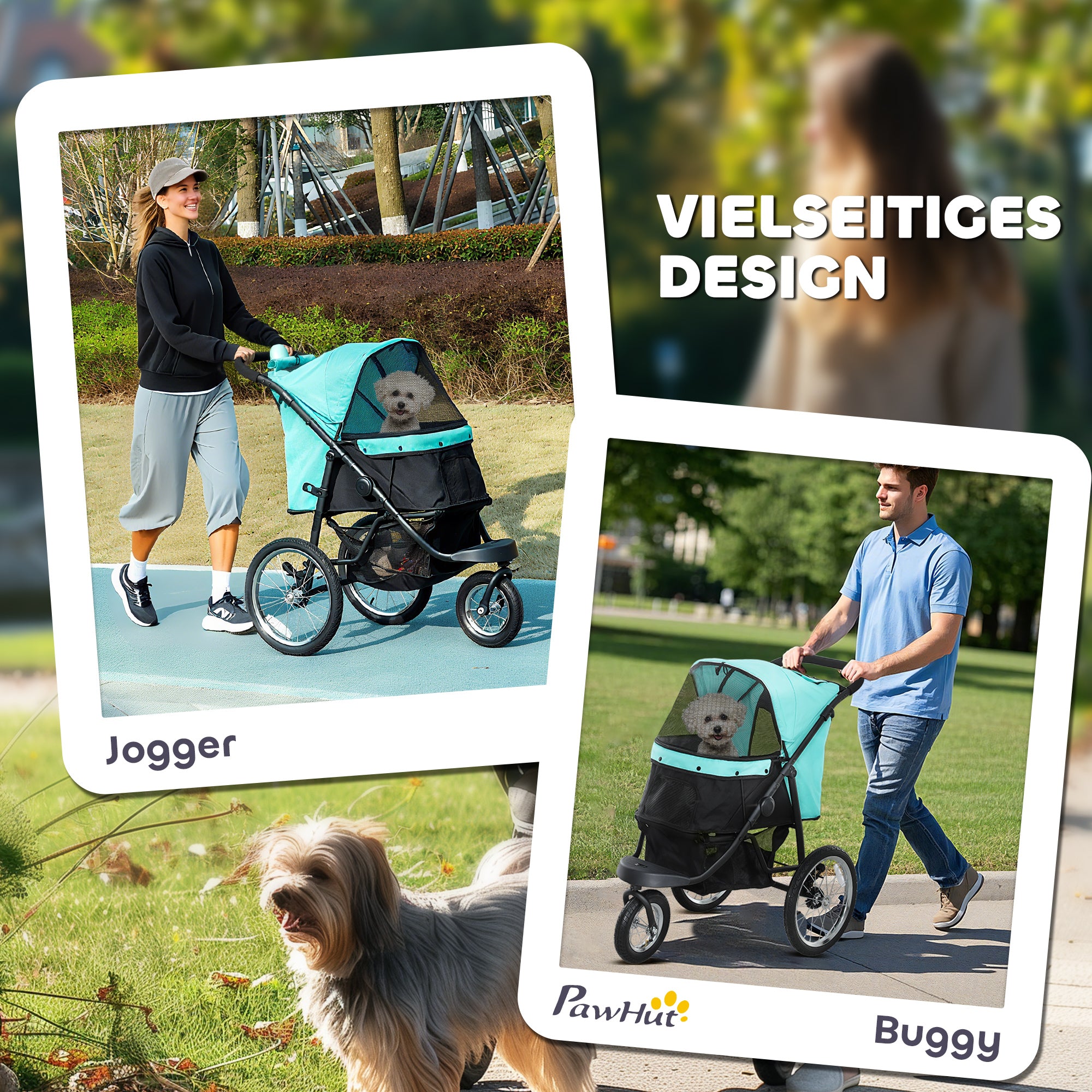 PawHut Hondenbuggy voor Kleine Honden en Katten - Met Opbergmand, Één-Klik Opvouwbaar Ontwerp, Turquoise