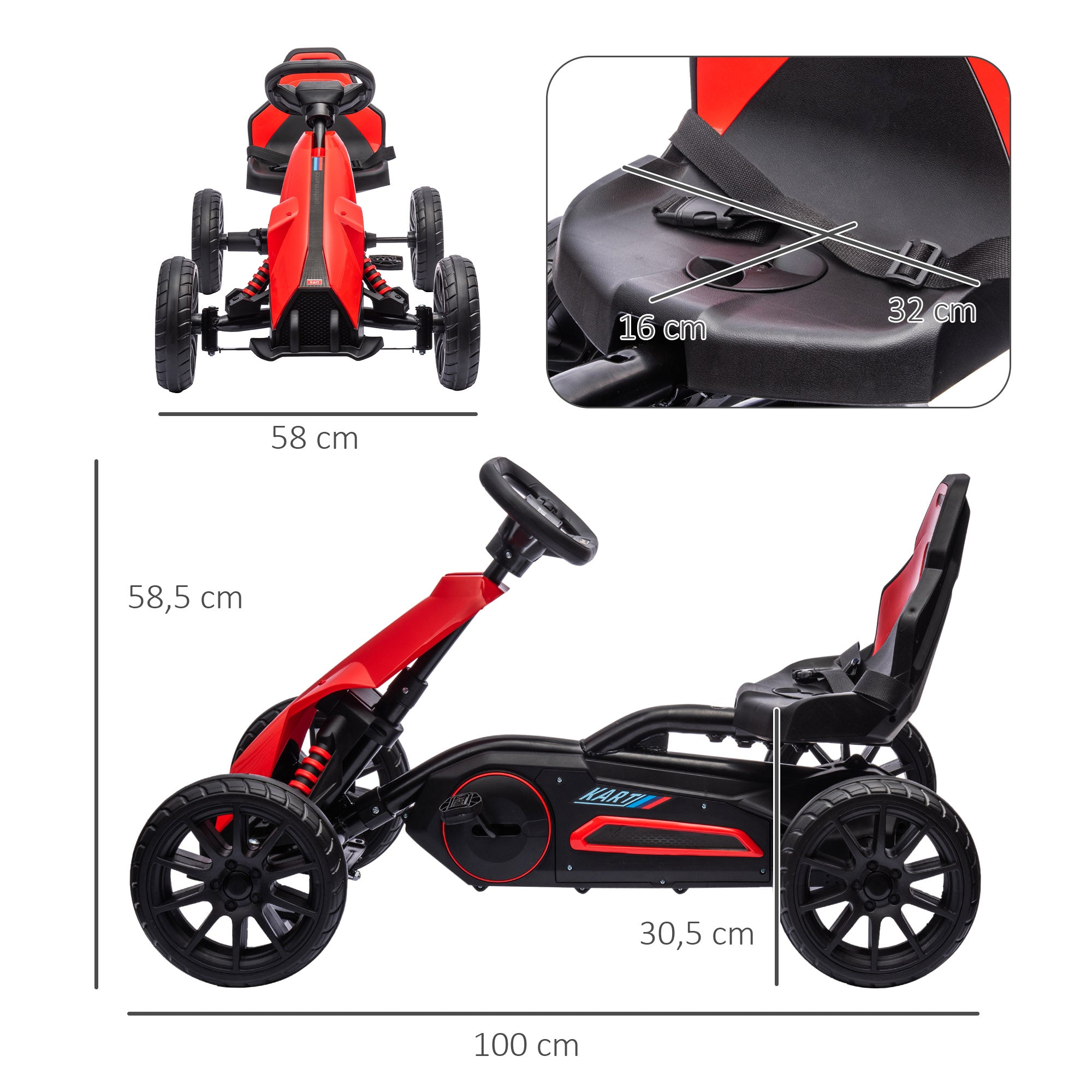HOMCOM Go-Kart Pedal Go-Kart met Achteruit- en Vooruitversnelling, voor Kinderen van 3 tot 8 Jaar, Rood+Zwart