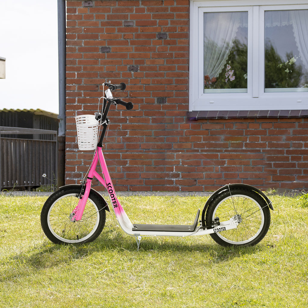 HOMCOM Kinderstep met Rem, Incl. Mand, Hoogteverstelbaar, voor Kinderen van 5 tot 12 Jaar, Wit + Roze
