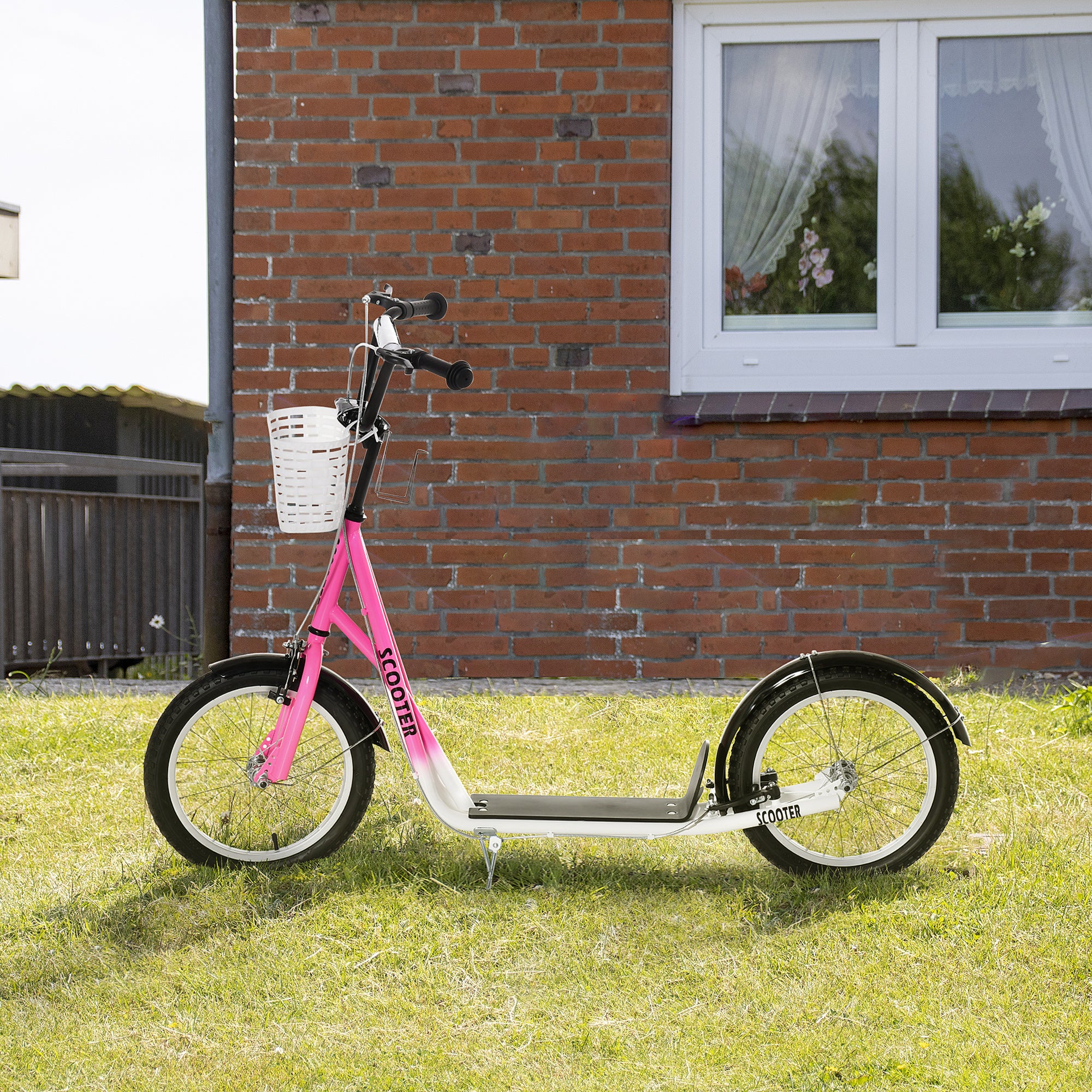 HOMCOM Kinderstep met Rem, Incl. Mand, Hoogteverstelbaar, voor Kinderen van 5 tot 12 Jaar, Wit + Roze