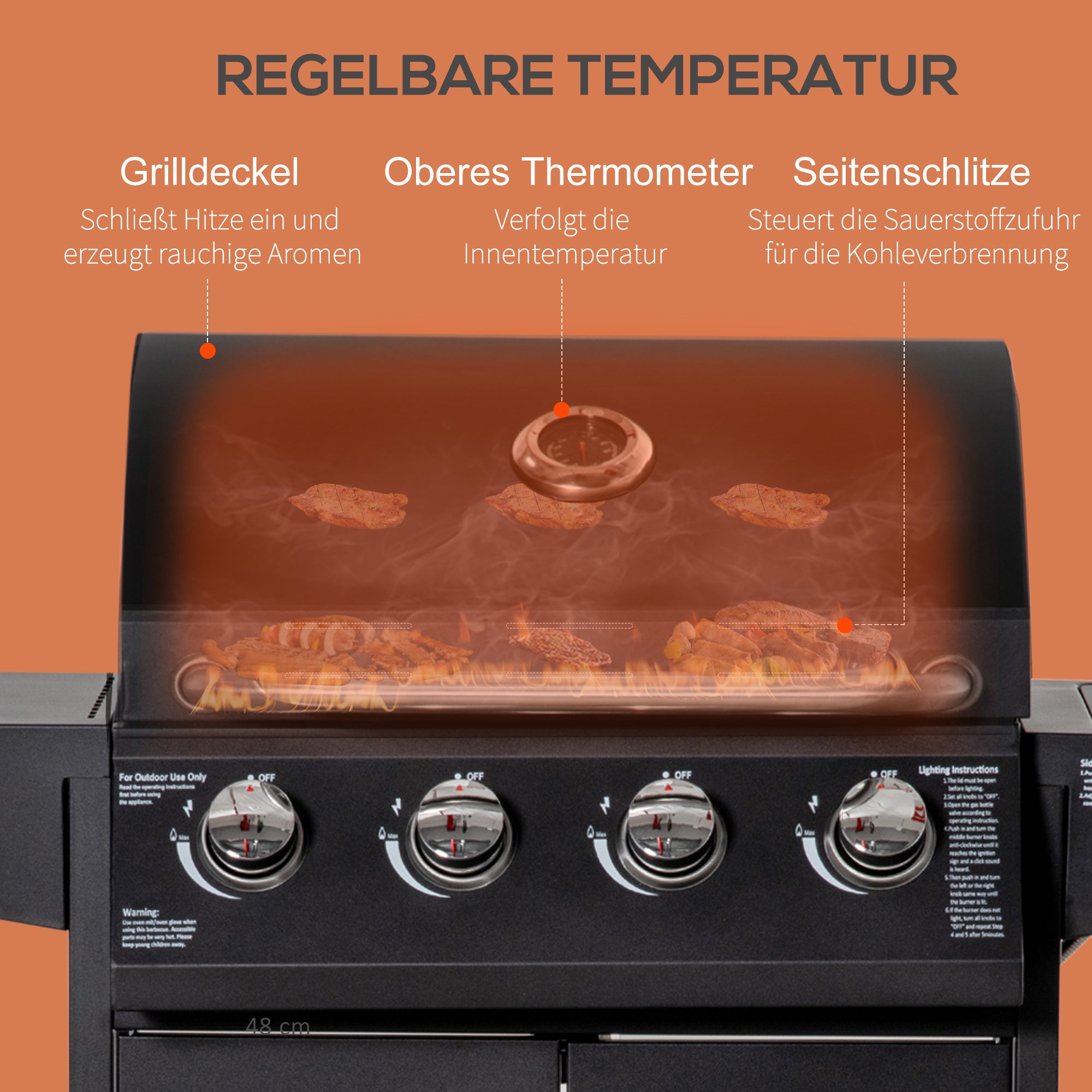 Outsunny 4+1 Gas BBQ Grill met 4 Branders en 1 Zijbrander Koolstofstaal Zwart 132 x 55 x 109 cm