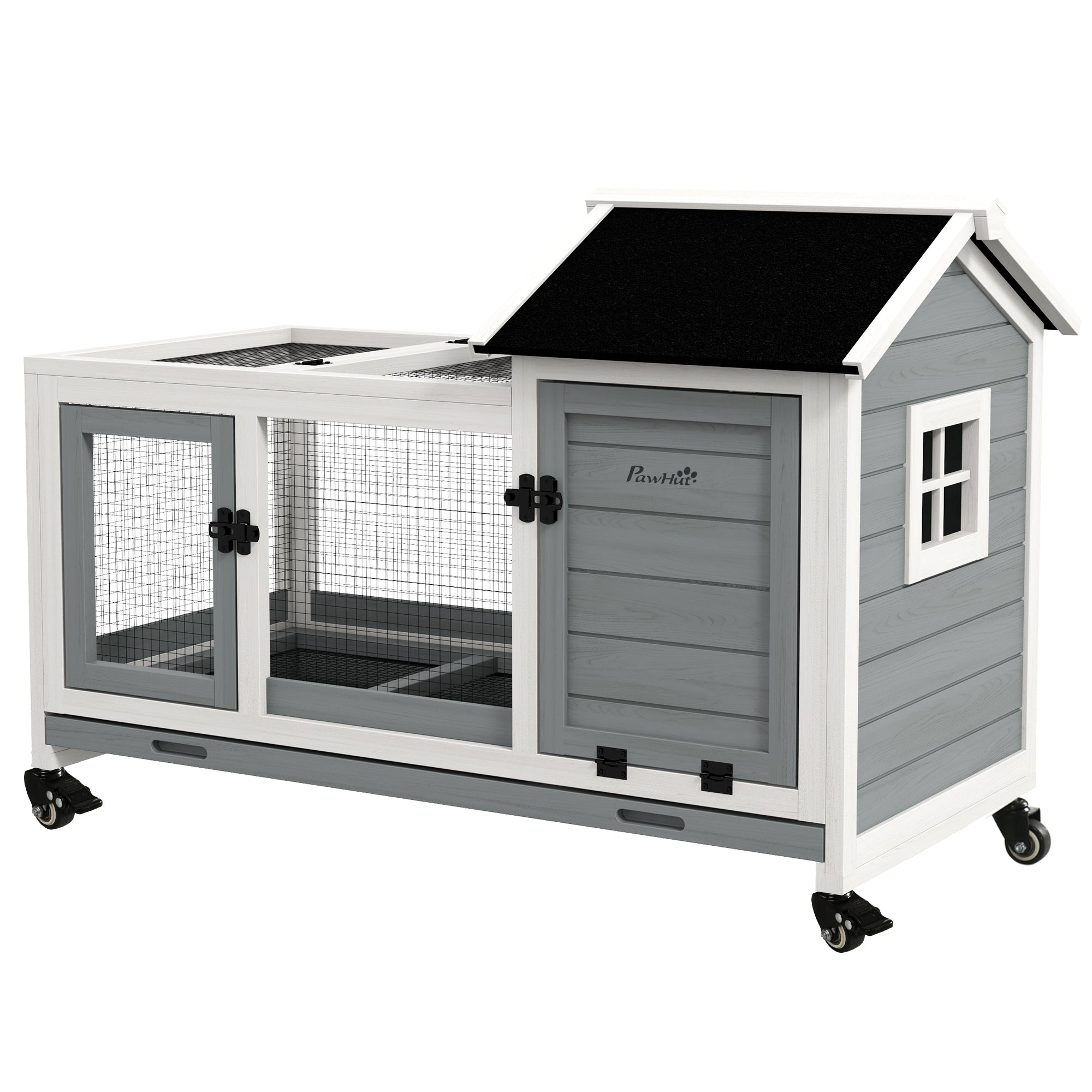 PawHut Konijnenhok, Kleine Dierenhok voor Dwergkonijnen, Cavia's, met Wielen, 108 x 58 x 73,5 cm, Grijs