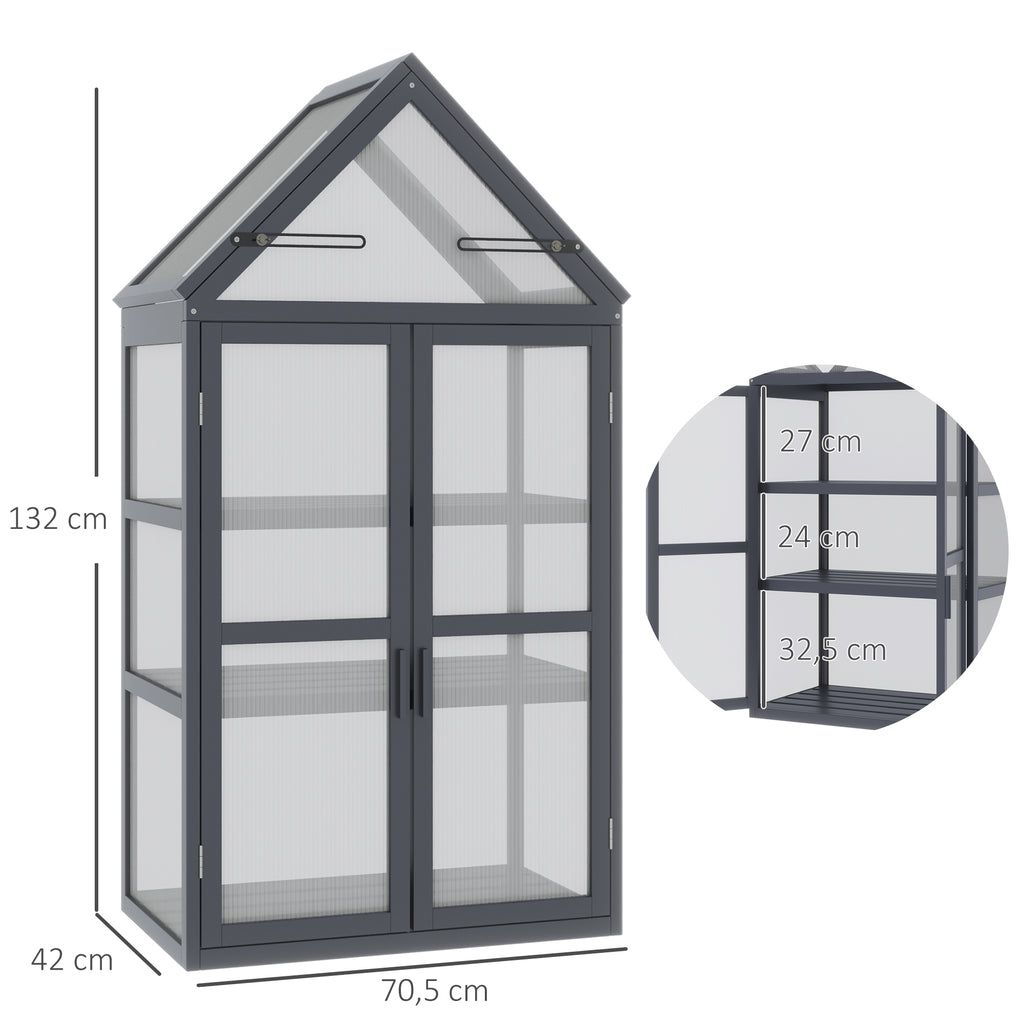 Outsunny kas met 3 planken, massief hout, behuizing van polycarbonaat, grijs, 70,5 x 42 x 132 cm