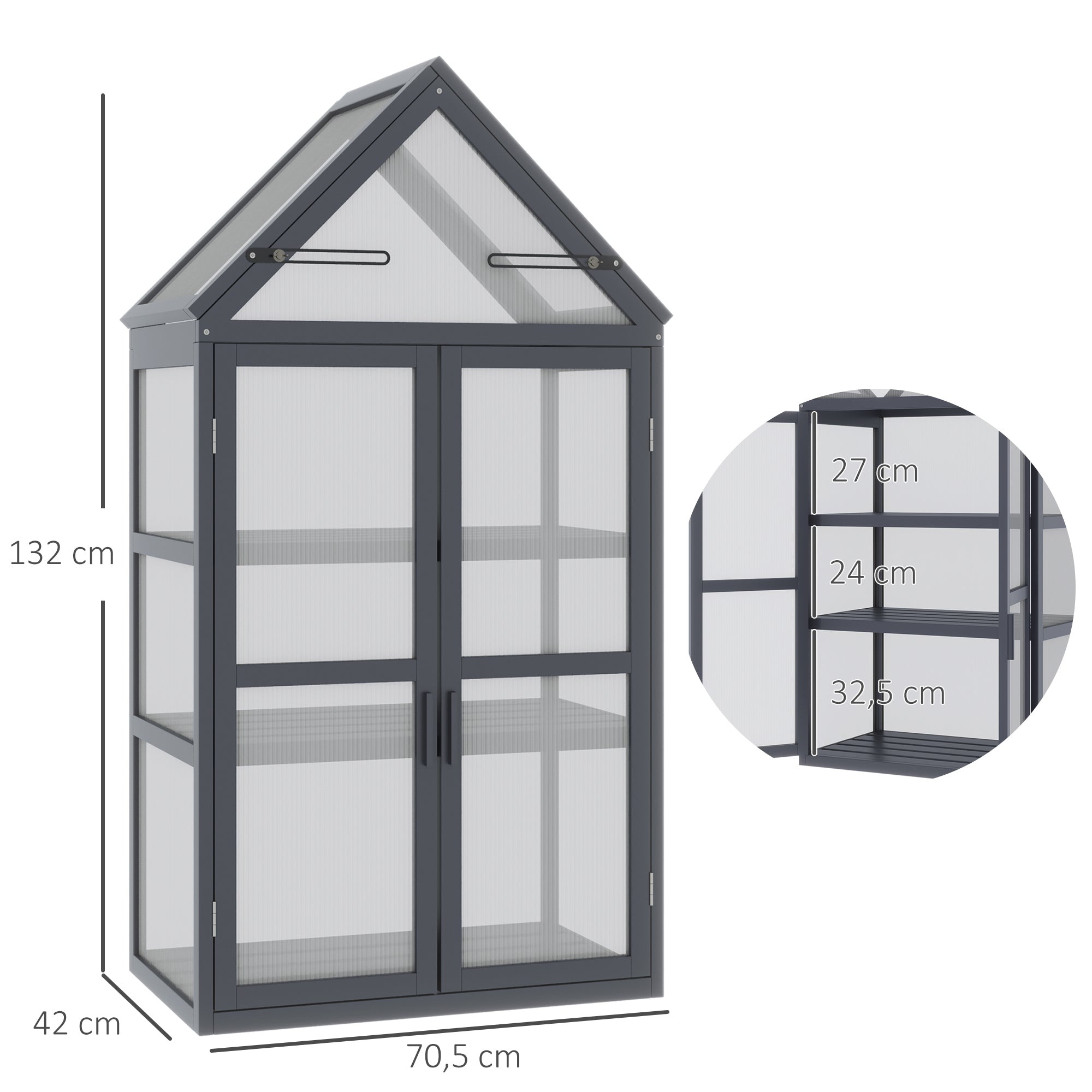 Outsunny kas met 3 planken, massief hout, behuizing van polycarbonaat, grijs, 70,5 x 42 x 132 cm