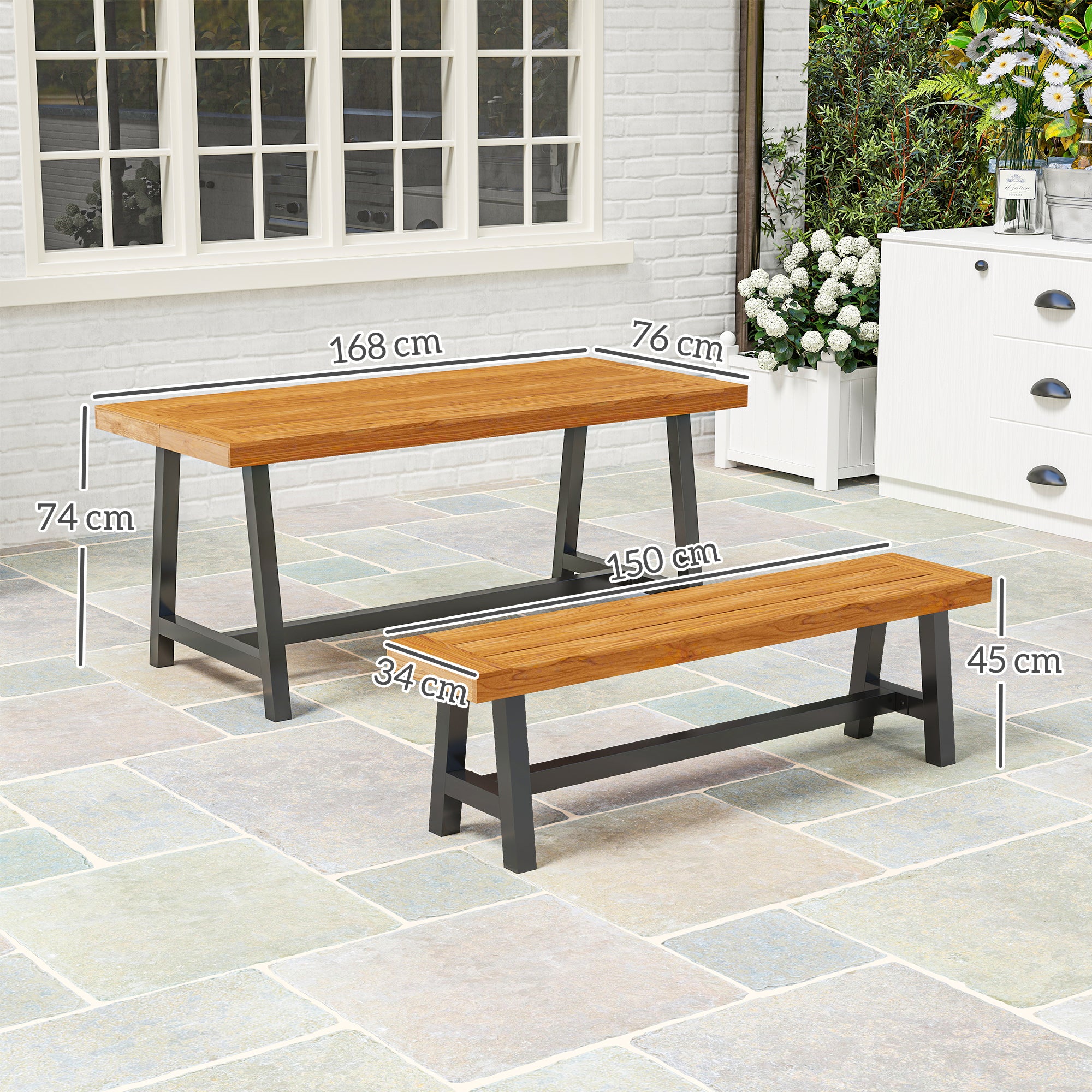 Outsunny Tuinmeubelset 3-delig Hout Eetgroep voor 4 Personen Eettafel met 2 Banken Teak