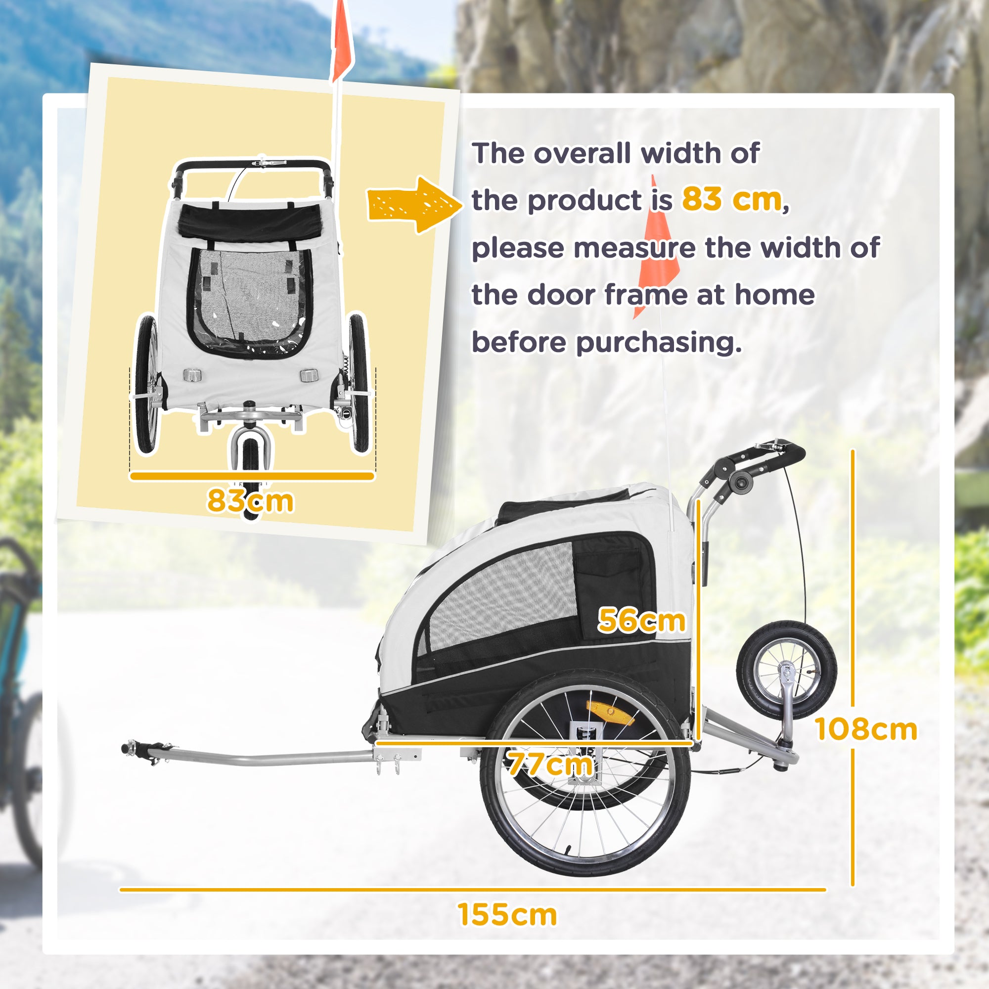 PawHut 2 in 1 hondenaanhanger fietskar jogger vlag regenhoes voor honden Wit
