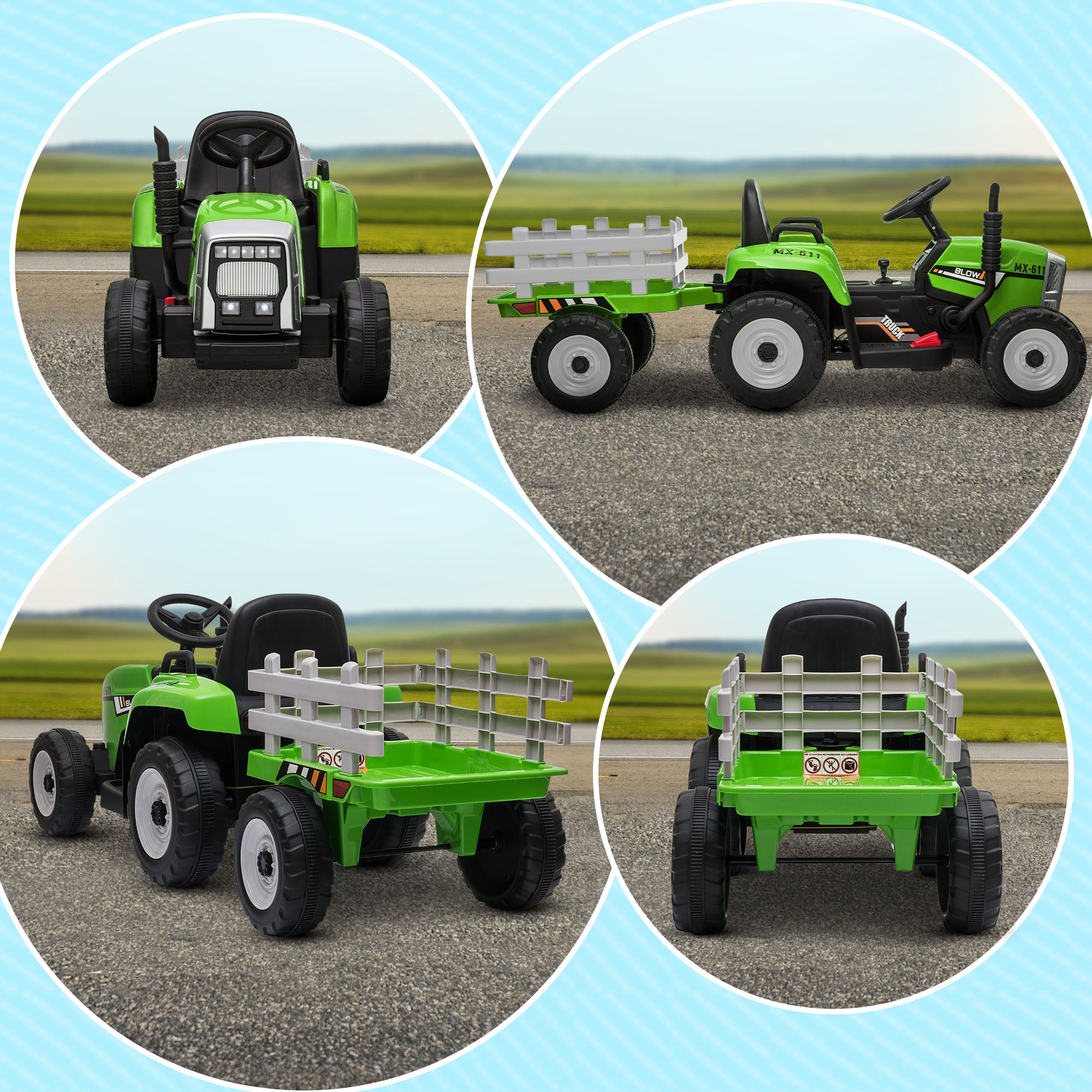 HOMCOM Elektrische kinderauto, kindertractor, inclusief ouderlijke afstandsbediening, maximale snelheid van 6 km/u, groen + zwart