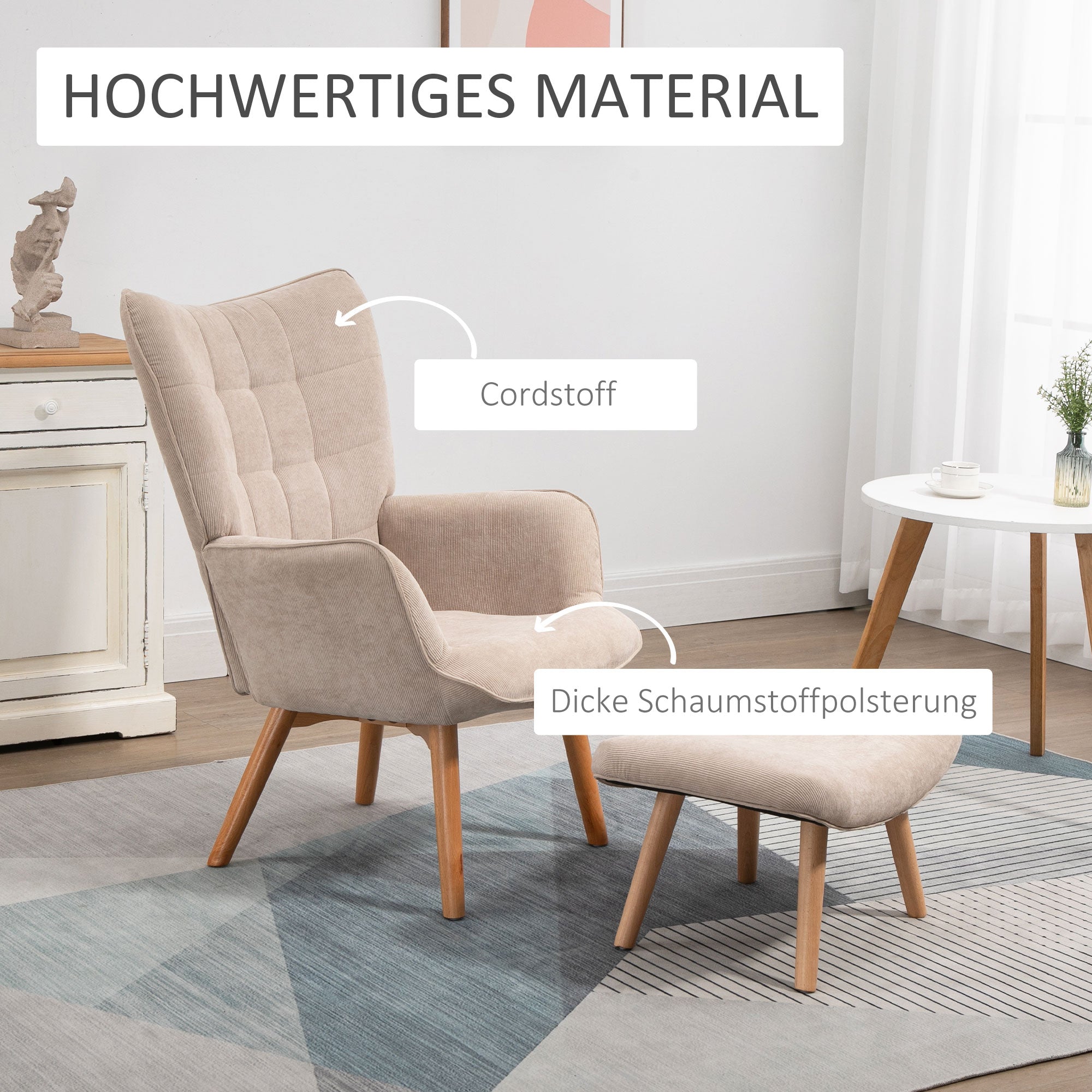 HOMCOM Fauteuil met Scandinavisch accent, voetenbank, fauteuilset, beukenhout, corduroy-look, beige