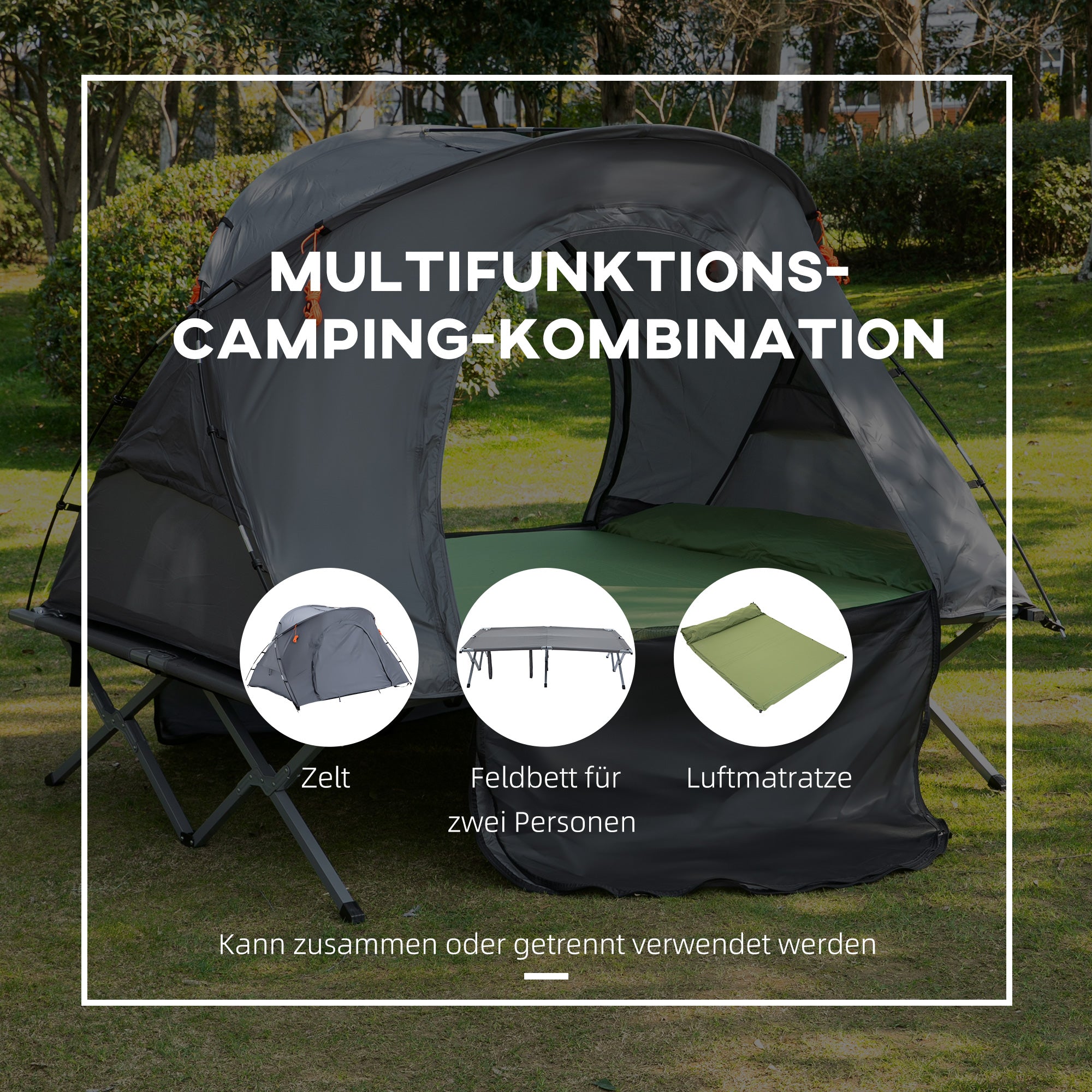 Outsunny campingbed met tent, verhoogd campingbed voor 2 persoon, koepeltent met luchtbed, inclusief draagtas, grijs 200 x 146 x 159 cm