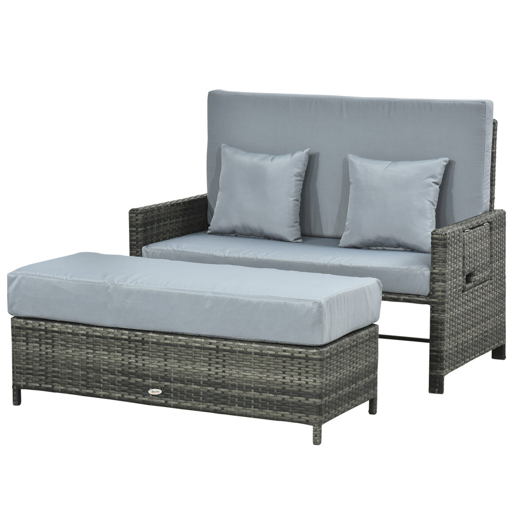 Outsunny Poly-rotan loungebank 2-zits set ligstoel kruk grijs