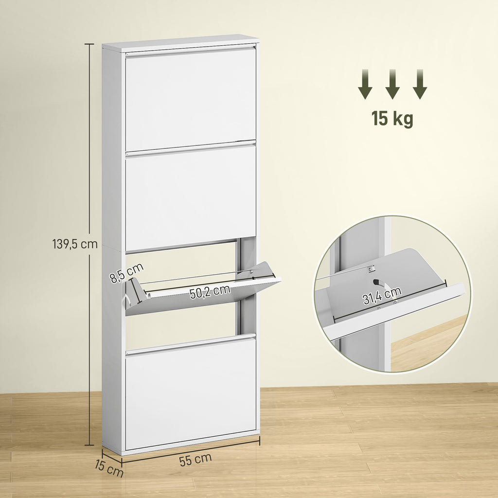 HOMCOM Smalle Metalen Schoenenkast voor Maximaal 8 Paar Schoenen, 4 Klaplades, voor Hal en Entree, Wit