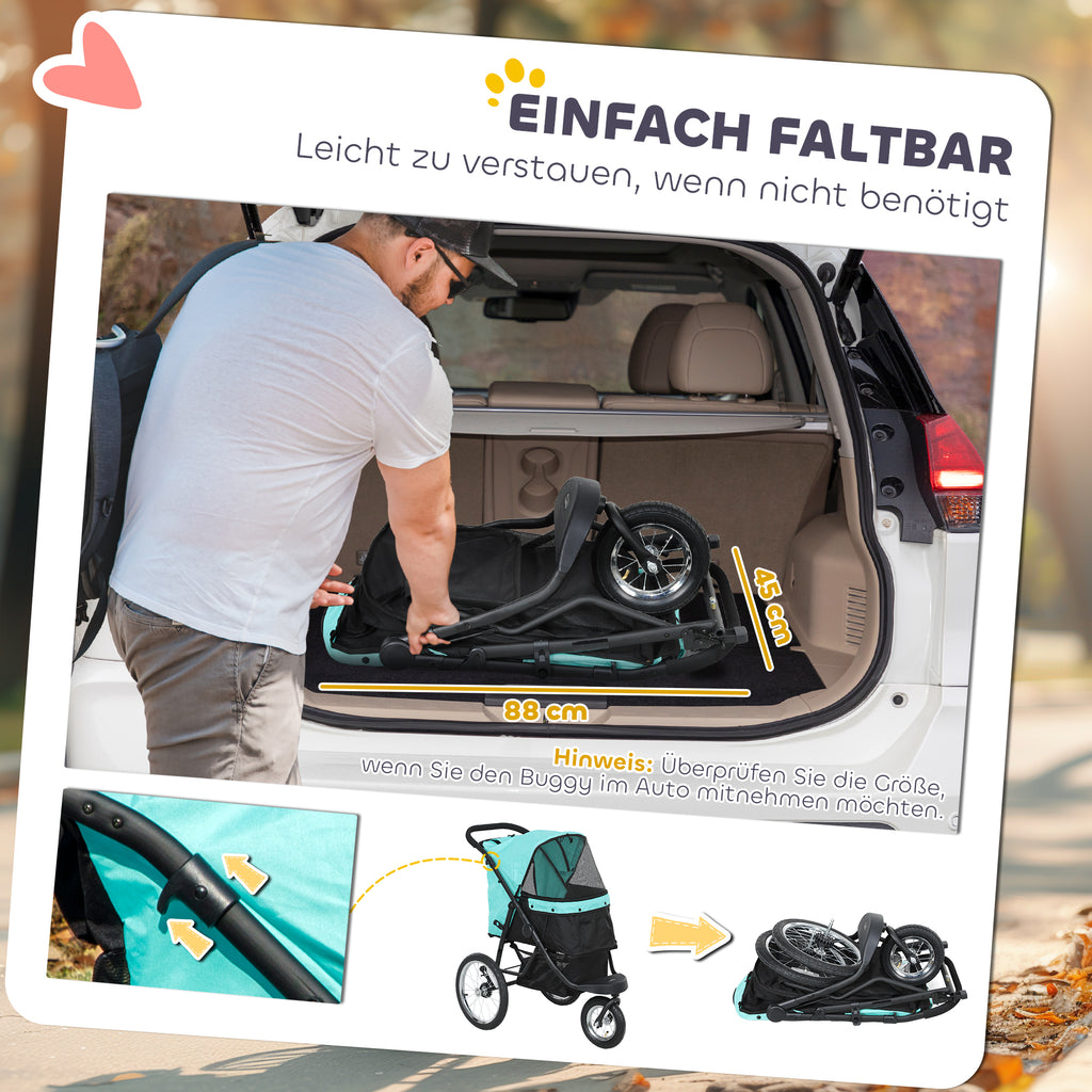 PawHut Hondenbuggy voor Kleine Honden en Katten - Met Opbergmand, Één-Klik Opvouwbaar Ontwerp, Turquoise