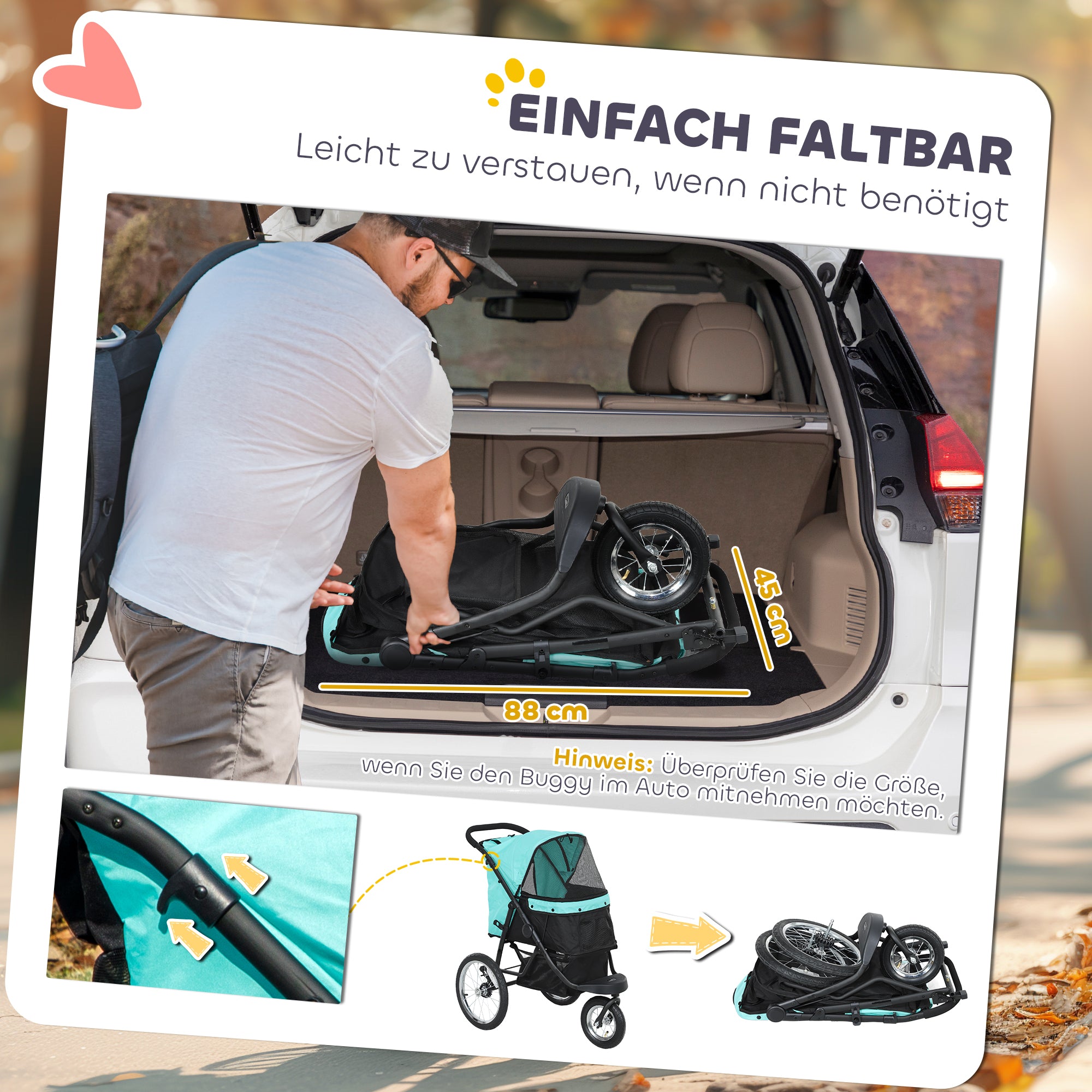 PawHut Hondenbuggy voor Kleine Honden en Katten - Met Opbergmand, Één-Klik Opvouwbaar Ontwerp, Turquoise