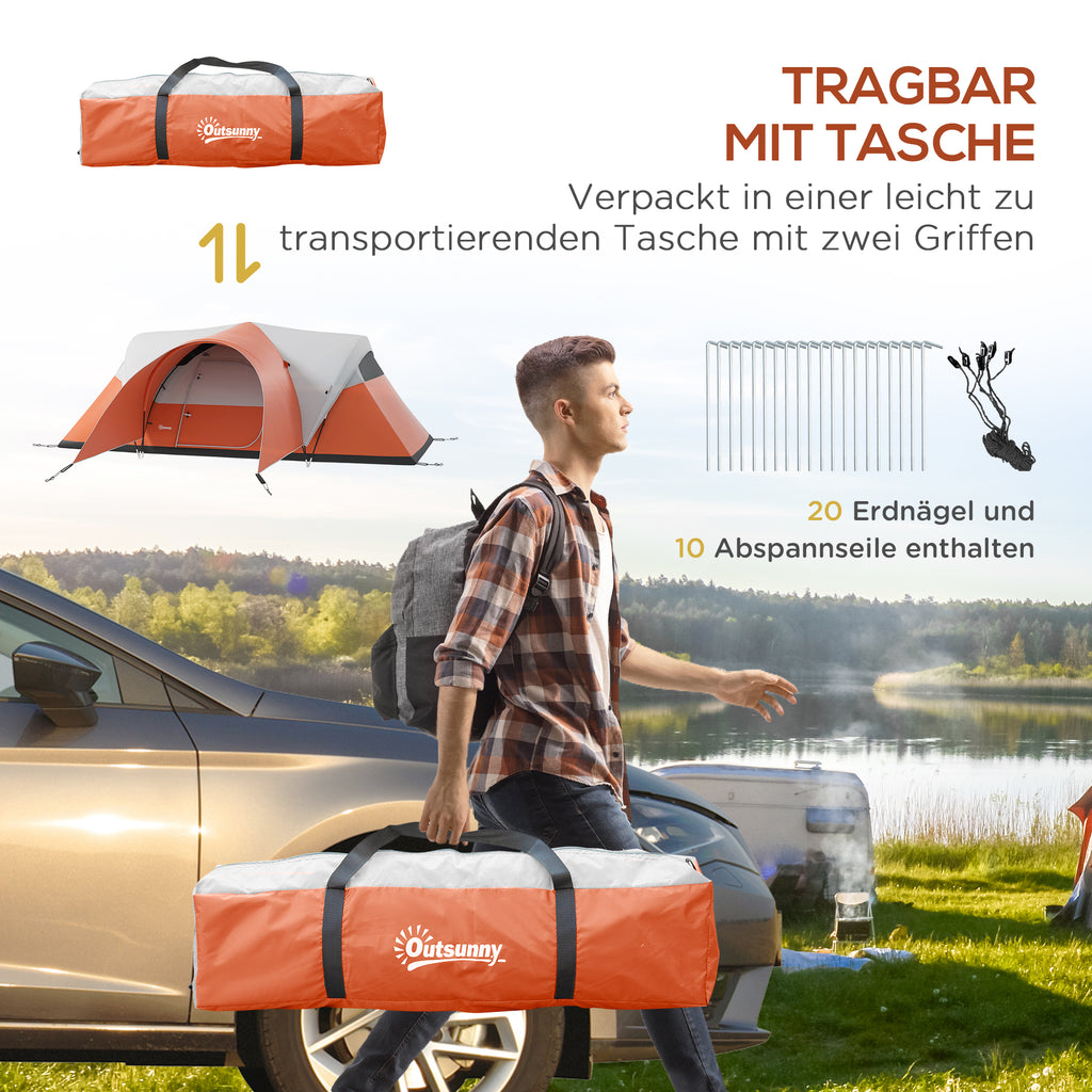 Outsunny Kampeertent voor 5-6 Pers., Familietent, waterdicht, met Voortent, 550L x 300B x 198Hcm, Oranje