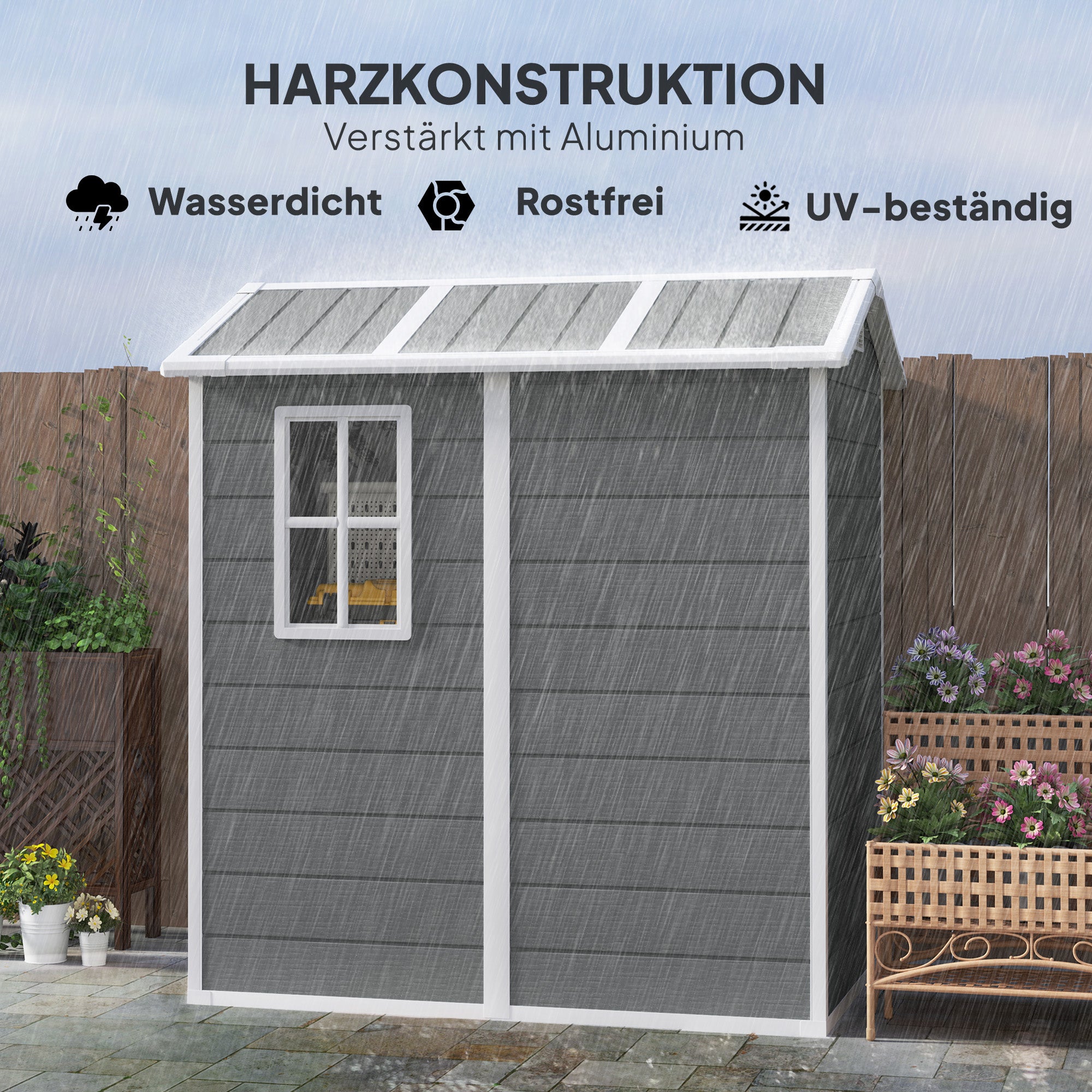 Outsunny Tuinschuur, Kunststof Tuinhuis met Vloer, Venster, Vergrendelbare Deuren, voor Tuin, 131B x 186D x 198H cm, Grijs