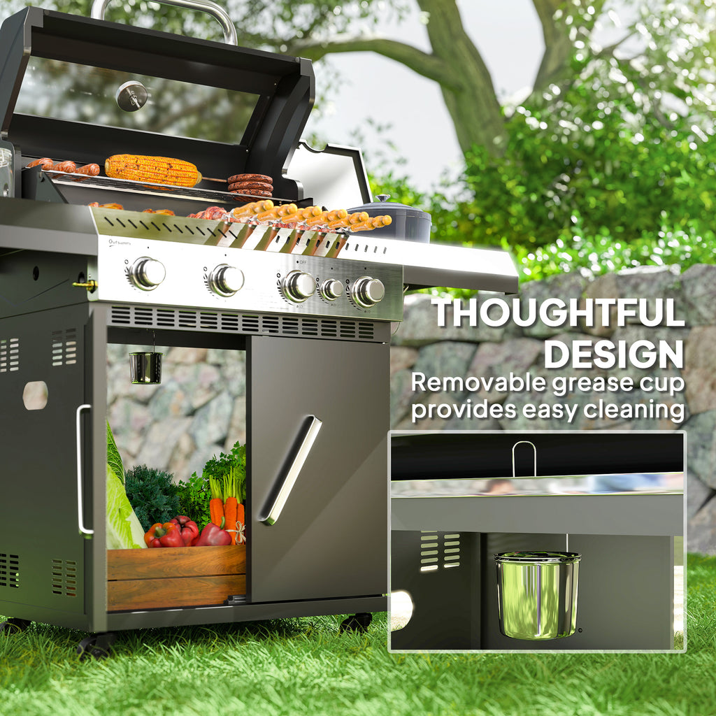 Outsunny Gasgrill 12 KW Grillwagen met 5 Branders, Zijkoker, Deksel, Thermometer, Zijplanken 135 x 54 x 110 cm