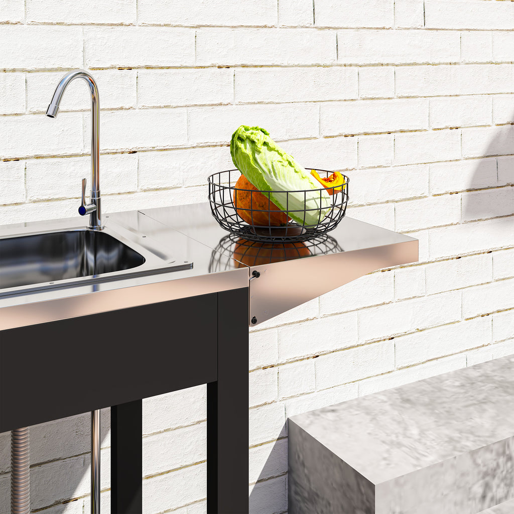 Outsunny Grillwagen Serveerwagen met Werkblad, Uitklapbare Zijplank, Kast, Spoelbak, Wielen, Roestvrij Staal 162,5x47x87cm Zwart