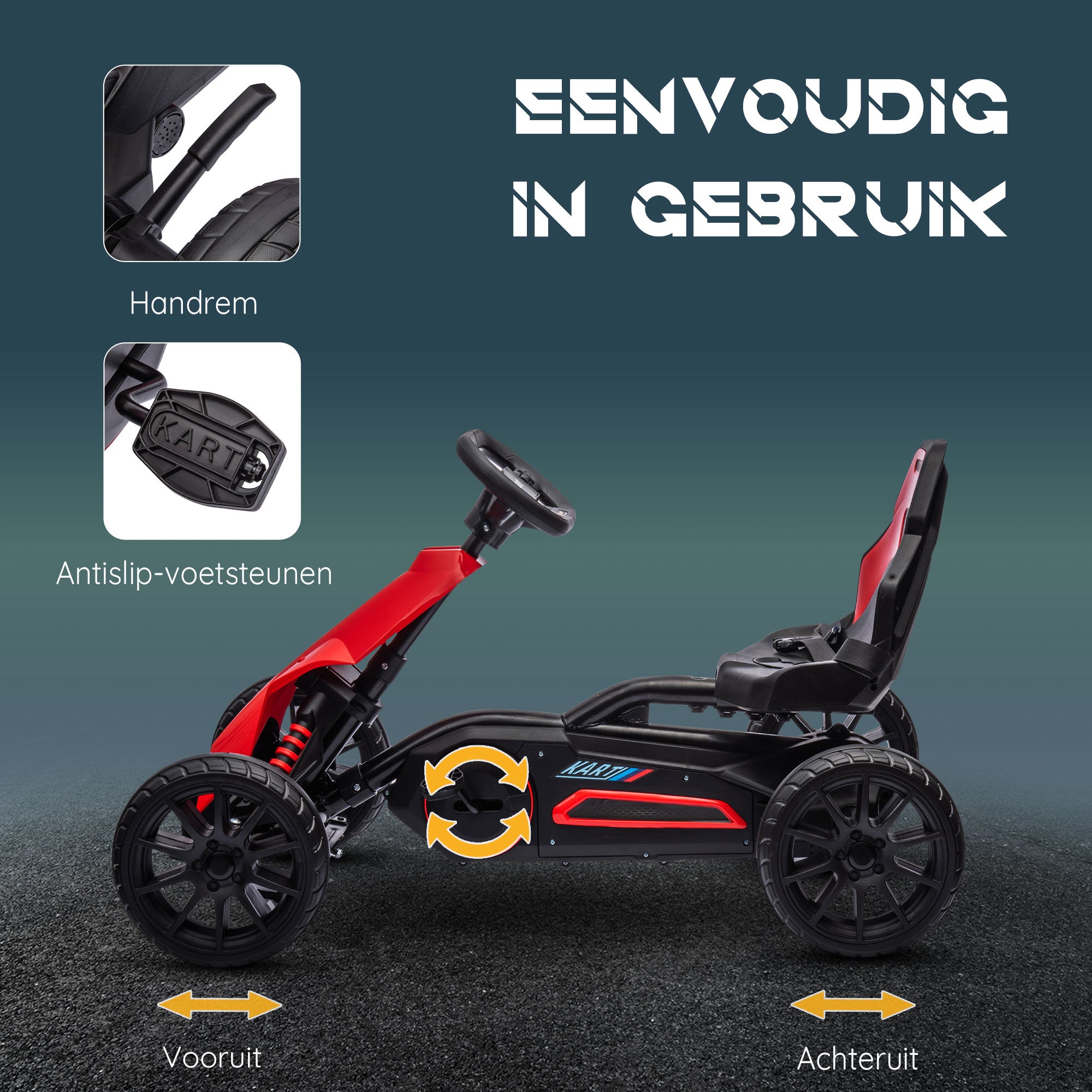 HOMCOM Go-Kart Pedal Go-Kart met Achteruit- en Vooruitversnelling, voor Kinderen van 3 tot 8 Jaar, Rood+Zwart