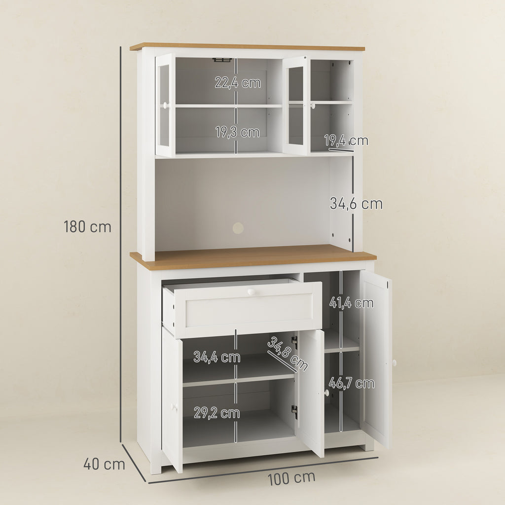 HOMCOM Landhuisstijl Keukenkast, 1 Vitrine, 1 Open Schap, 1 Lade, 2 Kasten, Natuur + Wit