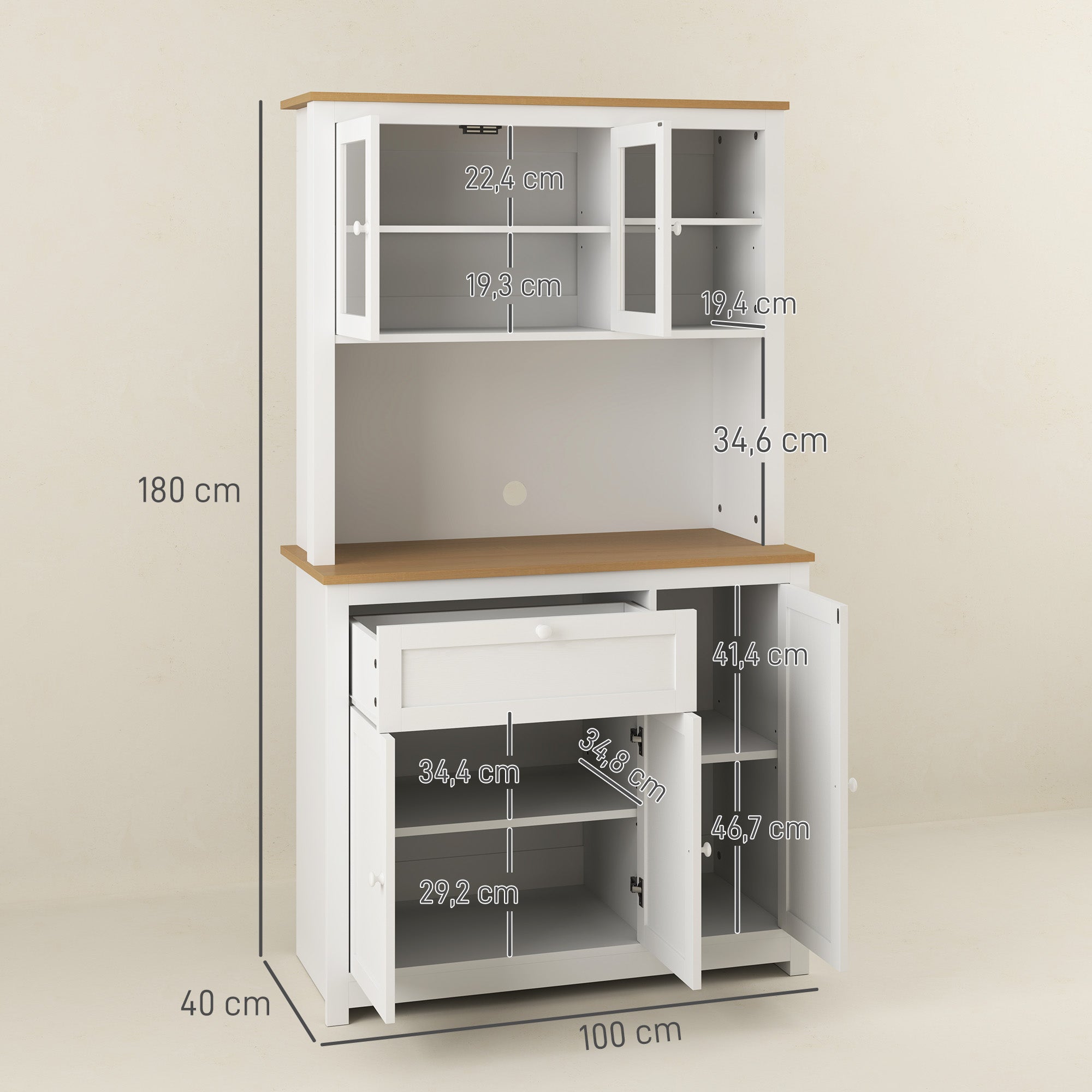 HOMCOM Landhuisstijl Keukenkast, 1 Vitrine, 1 Open Schap, 1 Lade, 2 Kasten, Natuur + Wit