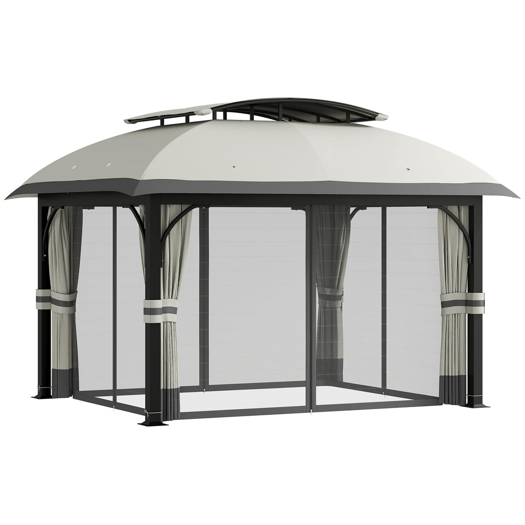 Outsunny Tuinpaviljoen, 3,3 x 4 m Partytent met Netgordijnen, Dubbeldeks Dak, Kunstleder Coating, Metalen Frame, Lichtgrijs