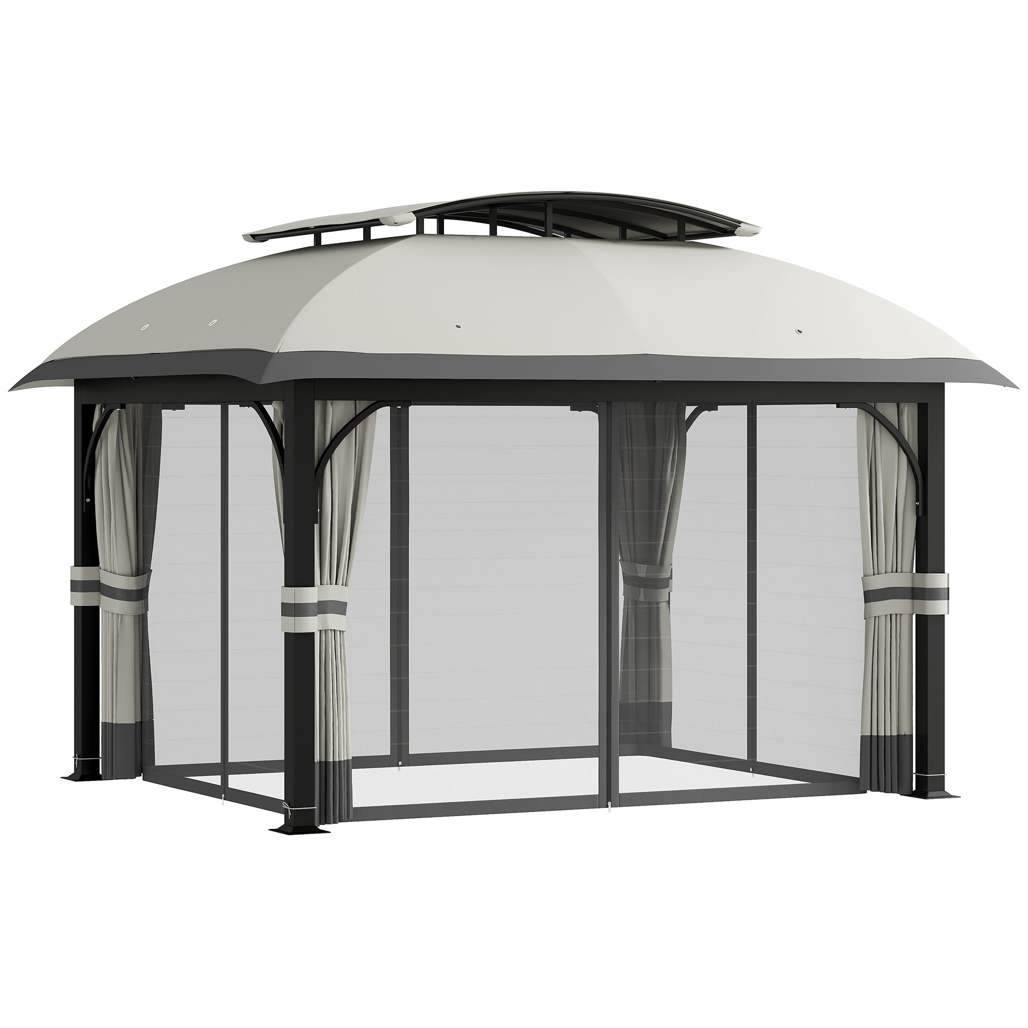 Outsunny Tuinpaviljoen, 3,3 x 4 m Partytent met Netgordijnen, Dubbeldeks Dak, Kunstleder Coating, Metalen Frame, Lichtgrijs