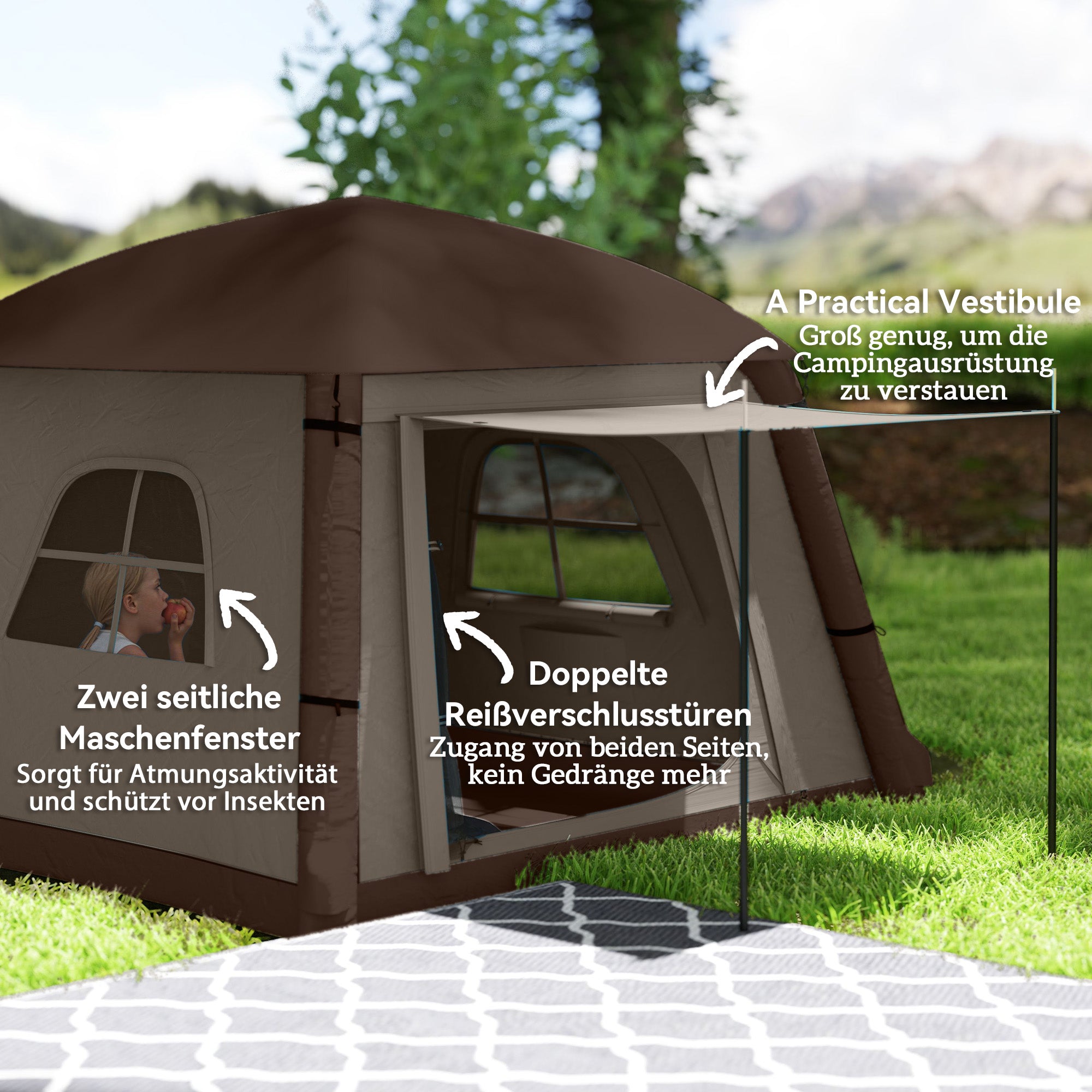 Outsunny Opblaasbare Campingtent voor 1-2 Personen Outdoor Familie Tent met Haak, Luchtpomp, Vensters en Deuren voor 4 Seizoenen