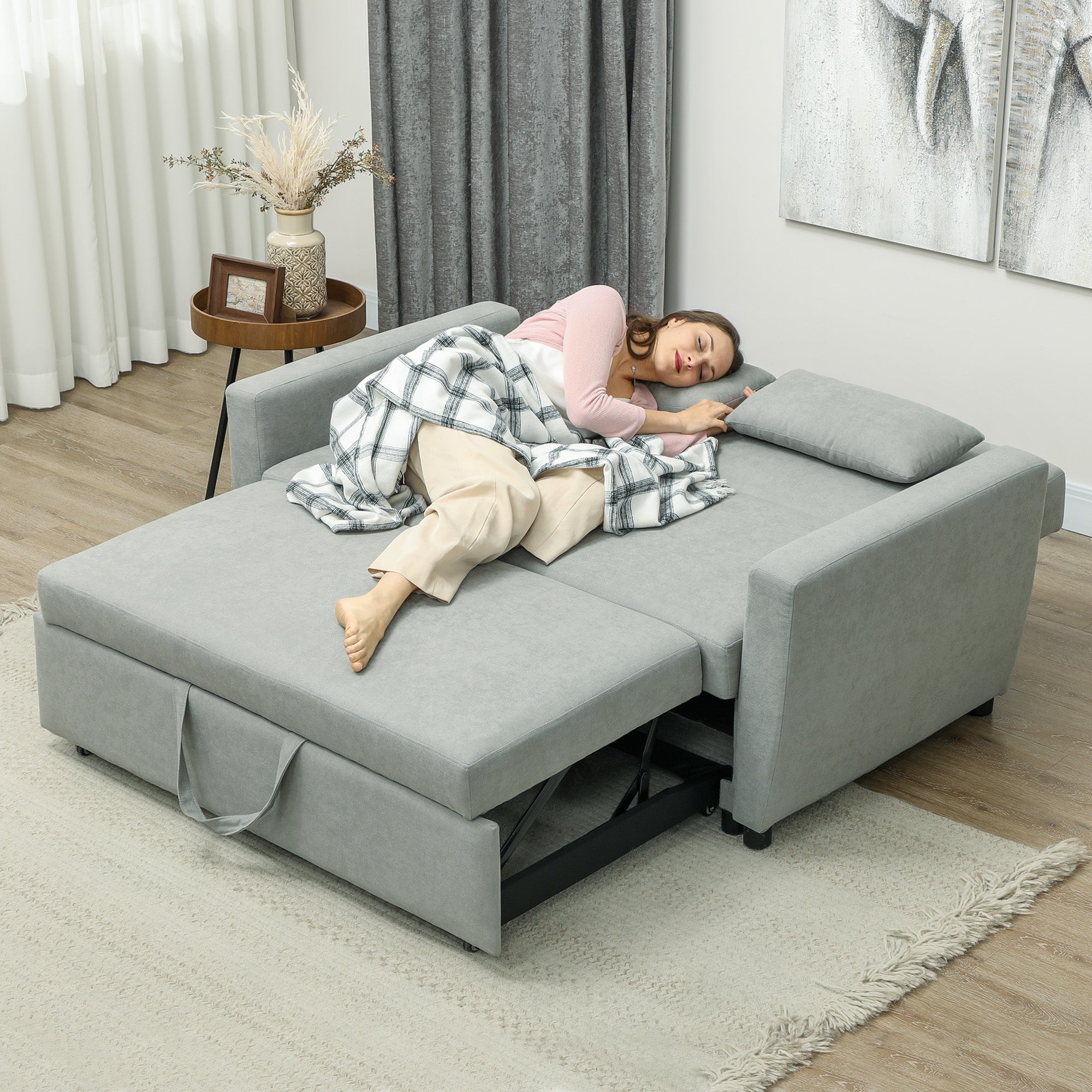 HOMCOM 2-zitsbank met bedfunctie, verstelbare rugleuning, gestoffeerde bank, fluwelen look, voor woonkamer, slaapkamer, lichtgrijs