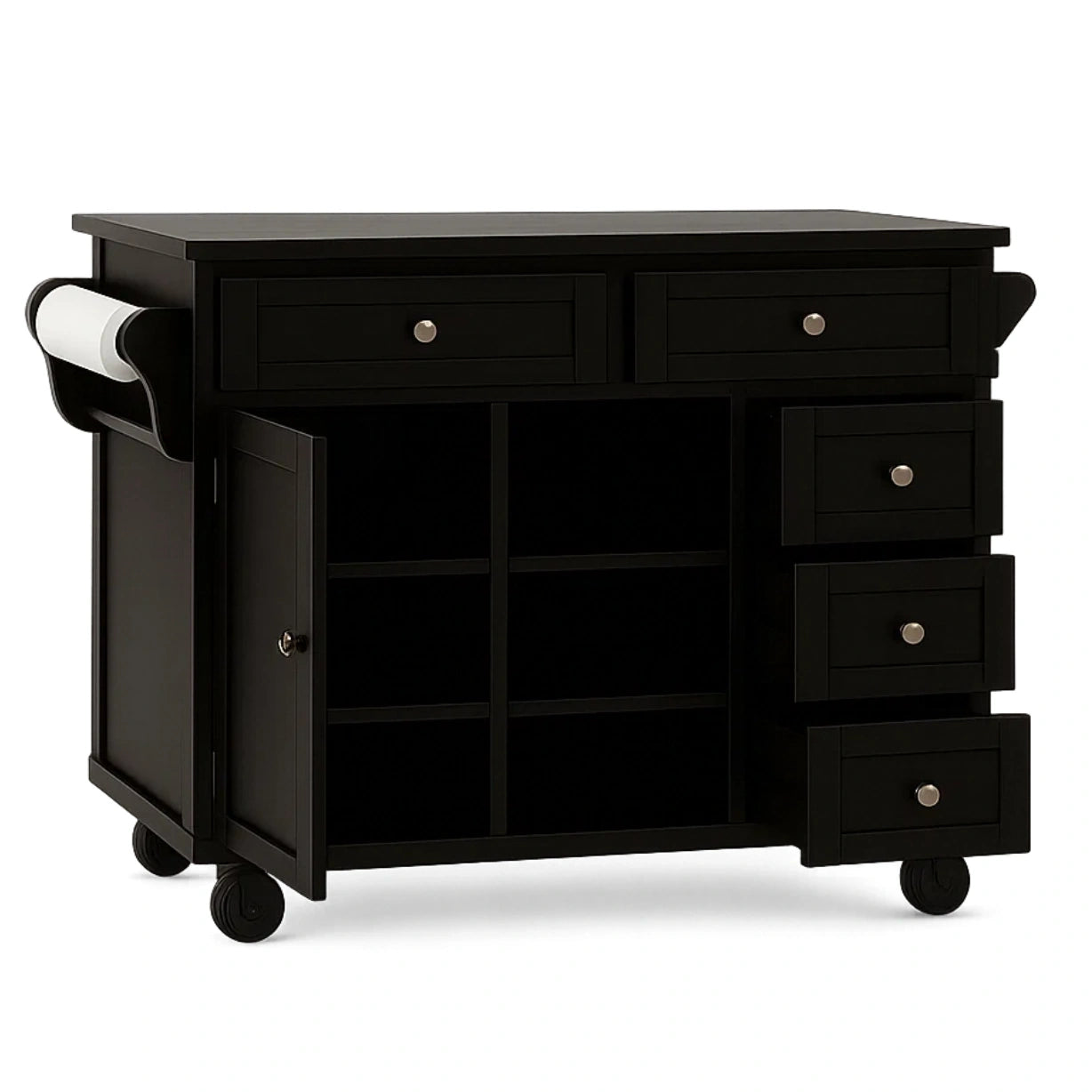 Kkken, design med hjul, lavet af tr, sort, med 5 skuffer, 1 dr og 3 bne rum, strrelse 90x45x85 cm, til kkkenopbevaring - l5oDBGkRlRKy