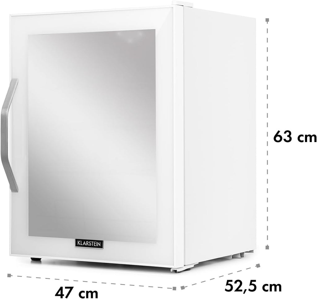 Klarstein Mini Koelkast met Glazen Deur voor Kamer, Drankenkoelkast met Verstelbare Planken, Klein 80 Liter, Indoor/Outdoor Koelkast Stil