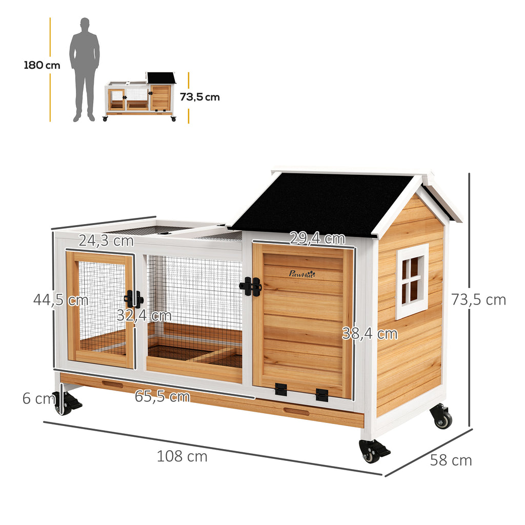 PawHut Konijnenhok voor Dwergkonijnen, Cavia's, met Wielen, 108 x 58 x 73,5 cm, Geel