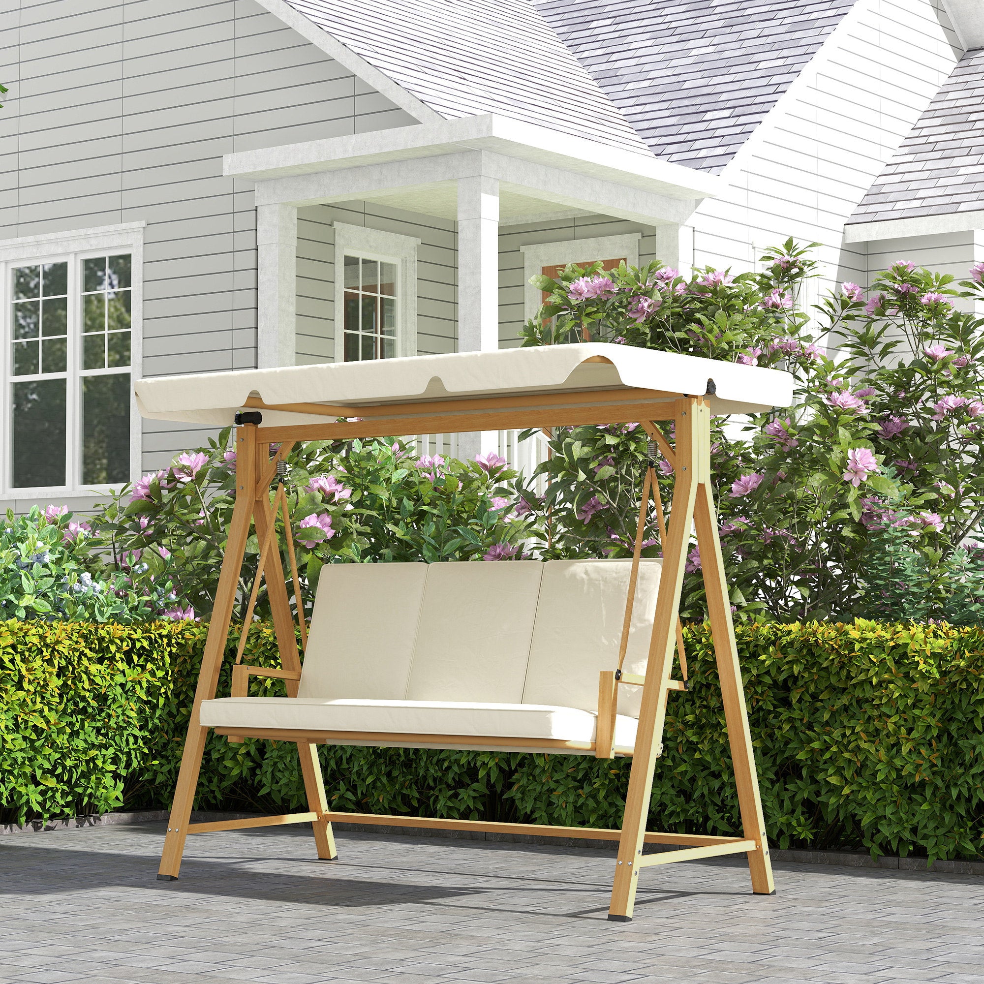 Outsunny Tuinschommel met Verstelbaar Zonnedak en Gewatteerde Zitting, 3-zits tot 330kg, 198 x 120 x 170cm, Beige